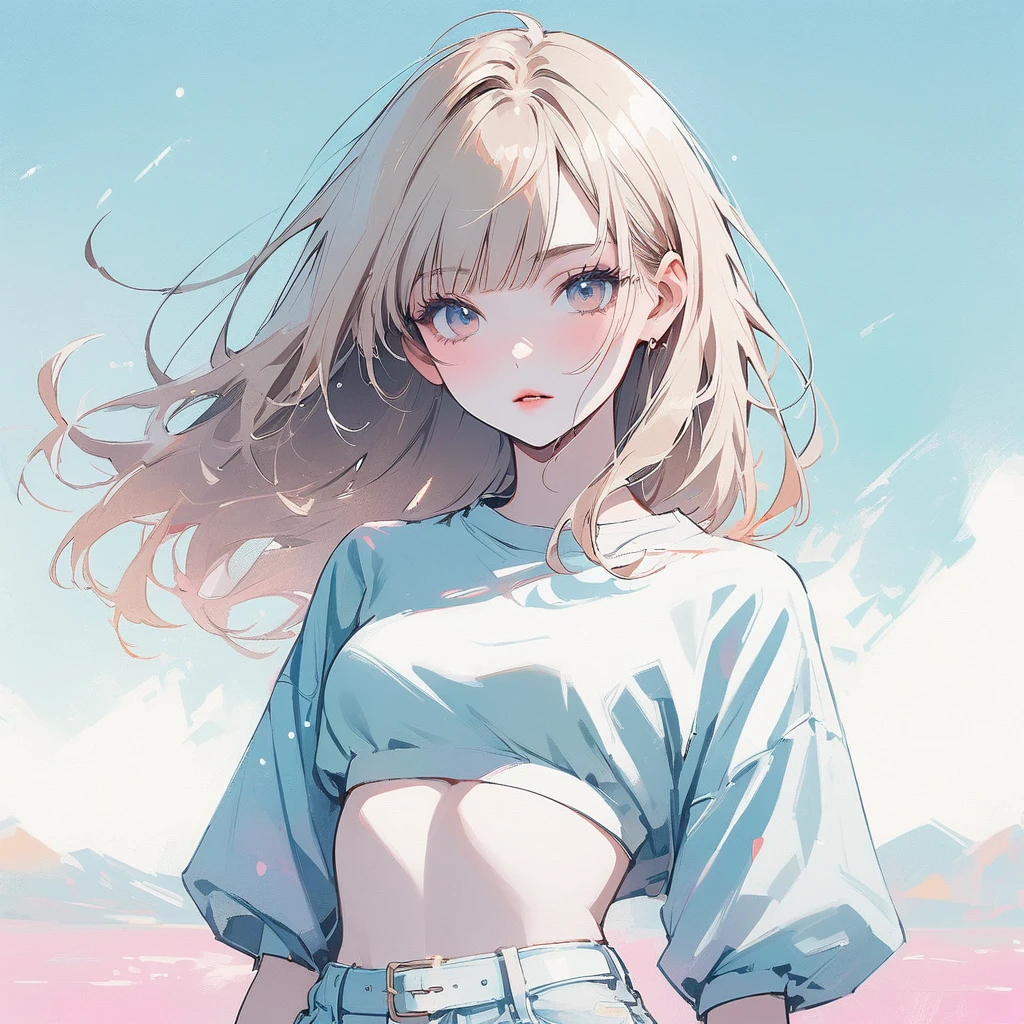 Girl, slim, pale skin, light hazel eyes, blonde hair, straight bangs, beautiful, thick bangs, pastel colors, wind, tiny crop top, flat, sexy, tiny waist