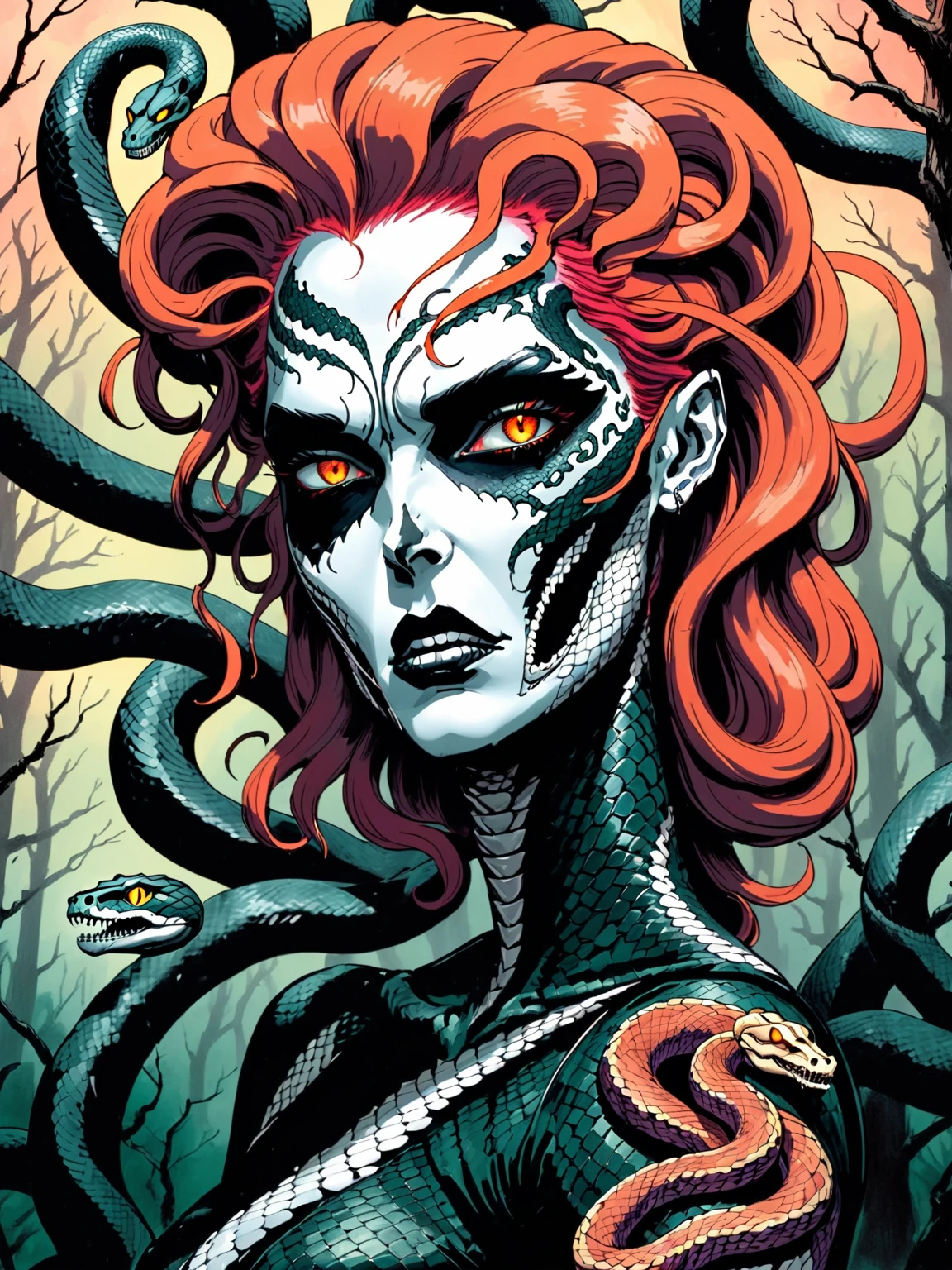 Medusa, colors, bleak muted deep fiery radiant glowing ROYGBIV, splash page decompressed comic cover art, ink style figure, ((expressive Joelle Jones and "Sean Gordon Murphy" comic drawing)), wordless, cinematic poster, double exposure, optical illusion, image within image, abyss void black no visibility darkness, full length portrait, (background, pine barrens, entropy, rewilding, magic hour sunset, galaxy stars, cosmos), (horror, abstract, surreal, body, cosmic), candid, snake skin dress, morphology anatomy drawn Frederic Delavier musculature anatomical illustration, (face, ornate black-metal corpsepaint face paint, resembles Grace Jones), (body, Naga, snakefolk, lower body snake tail, snake woman hybrid, bald, hairless, skeleton, snake skin tattoos, piercing eyes, snake pupils, over the shoulder), (colors, bleak muted deep fiery radiant glowing ROYGBIV, forest green, earth brown), craftsmanship nuance, (Gerardo Zaffino charcoal), subliminal orchids, nyctophobia, silhouette