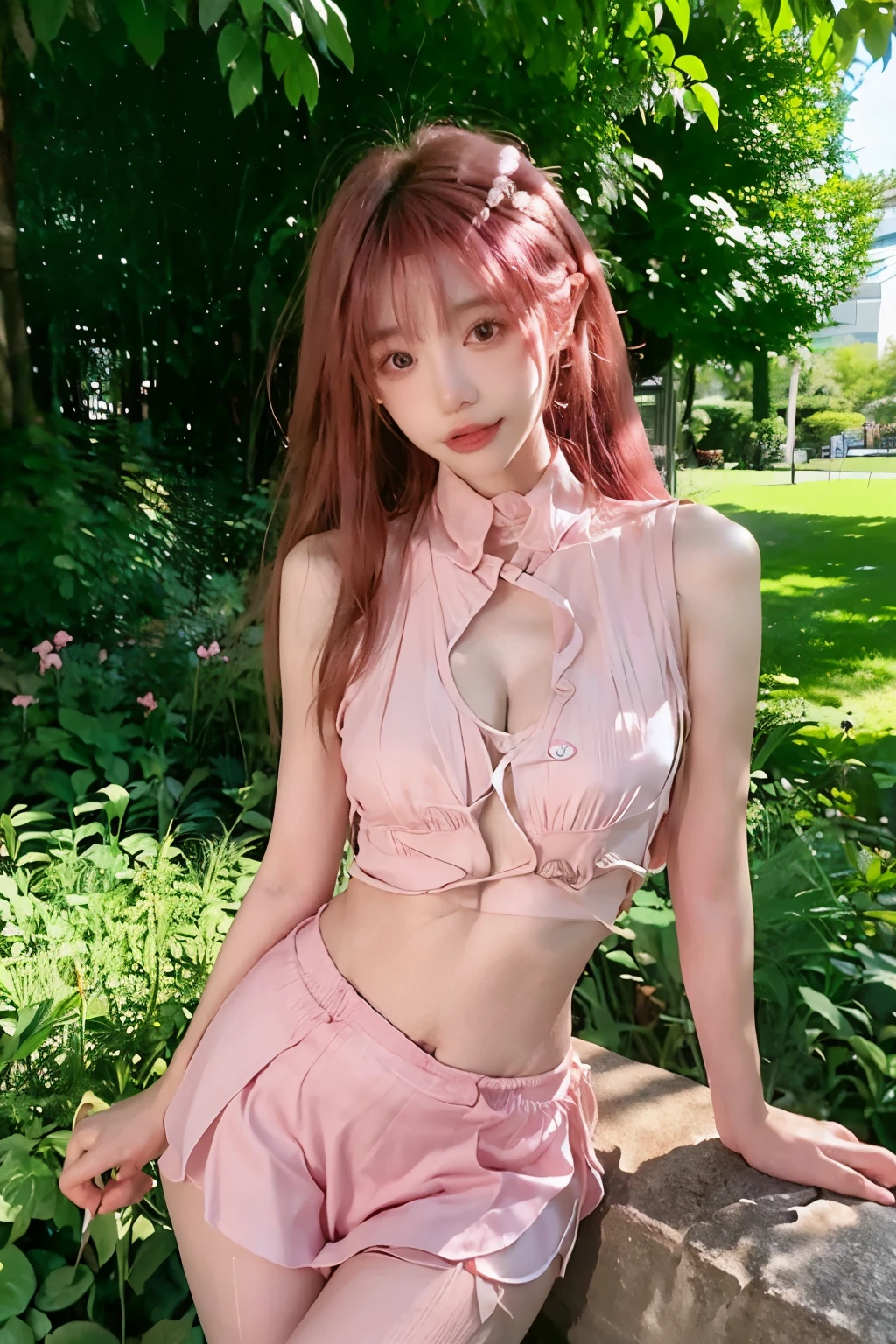 Beautiful woman with perfect body：1.4，Layered Hairstyle，Prominent cleavage，Highly detailed face and skin textures，Double eyelids，Skin Whitening，Long hair，Whitened long legs，Pink Hair，（Sleeveless vest，miniskirt，Black pantyhose）Standing on the grass