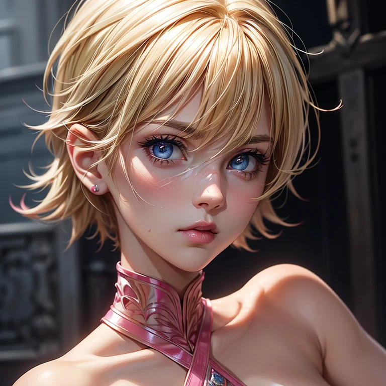blonde girl, short hair, blue eyes, pink lips, pink and fleshy cheeks, royal outfit, with a cut on her cheek, face like someone who just came out of battle, athletic, realistic body,