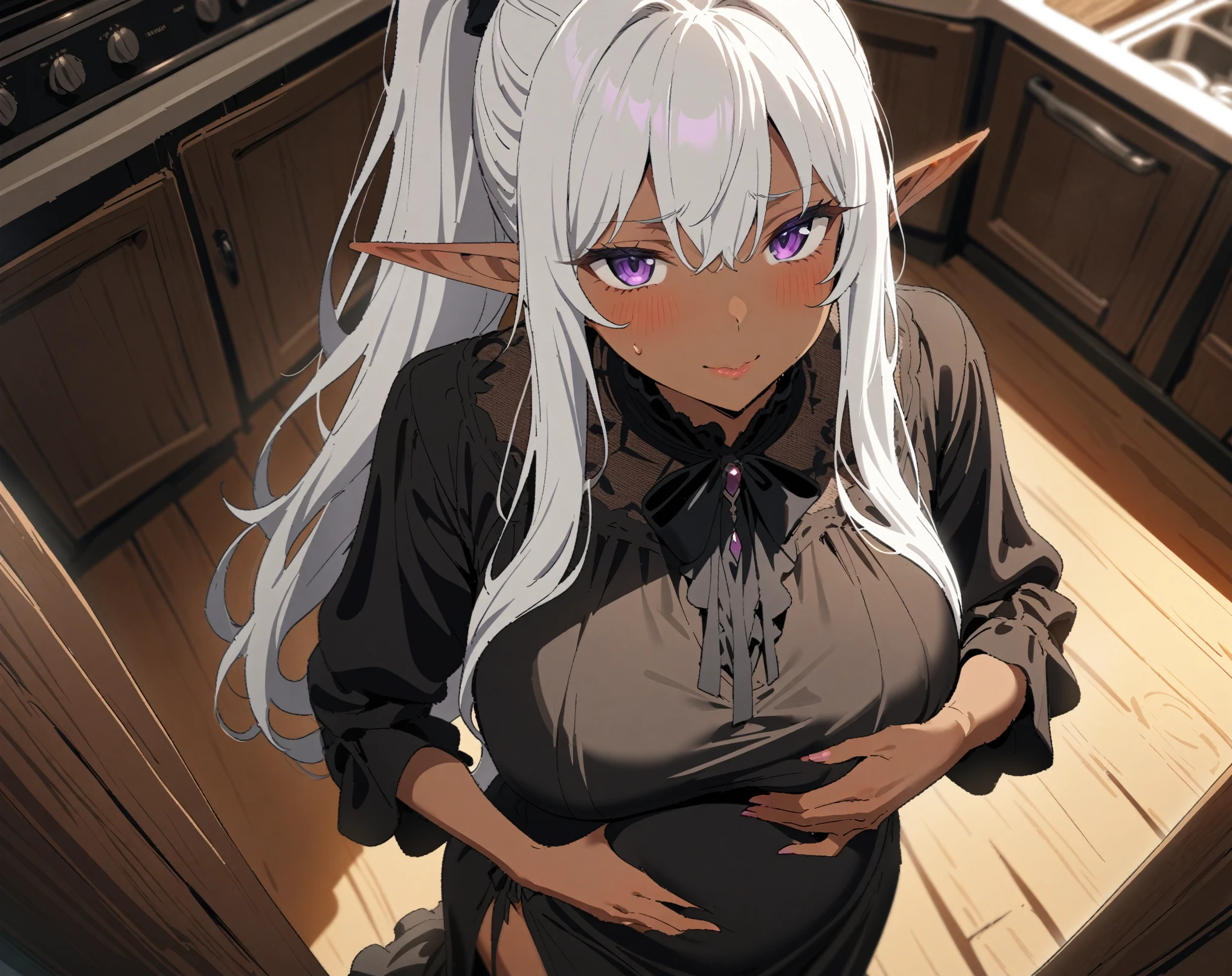 (((I want a pregnant elf woman, white hair and green eyes, with full breasts and a thin waist, sitting alone in an armchair, wearing a white dress while stroking her belly)))