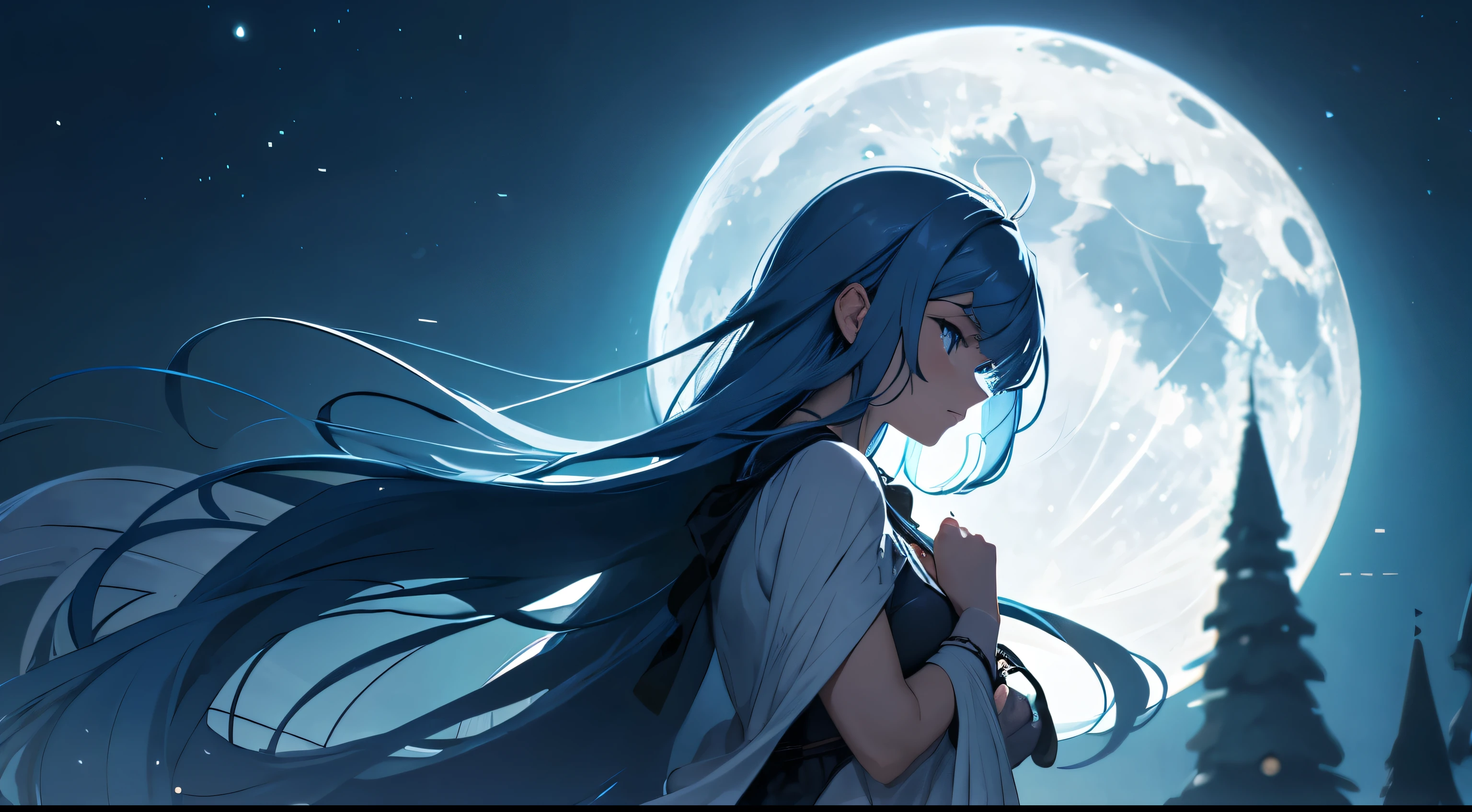 In the silence of the night, under the moon's gentle glow, blue hair wanderer facing moon, with nowhere left to go,