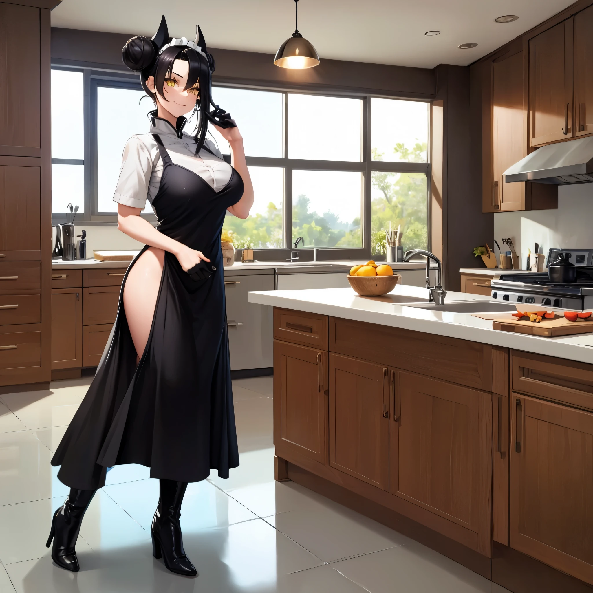 Woman with traditional maid uniform, black clothes, white apron, black hair, pigtail hair buns, yellow eyes, large breasts, full body, black boots, black gloves, walking on the floor of a very complete and spacious kitchen, smiling, in a room in a modern house, (solo woman), glow, drop shadow, flower, UHD, masterpiece, accurate, anatomically correct, textured skin, super detail, high quality, best quality, 8k, high resolution
