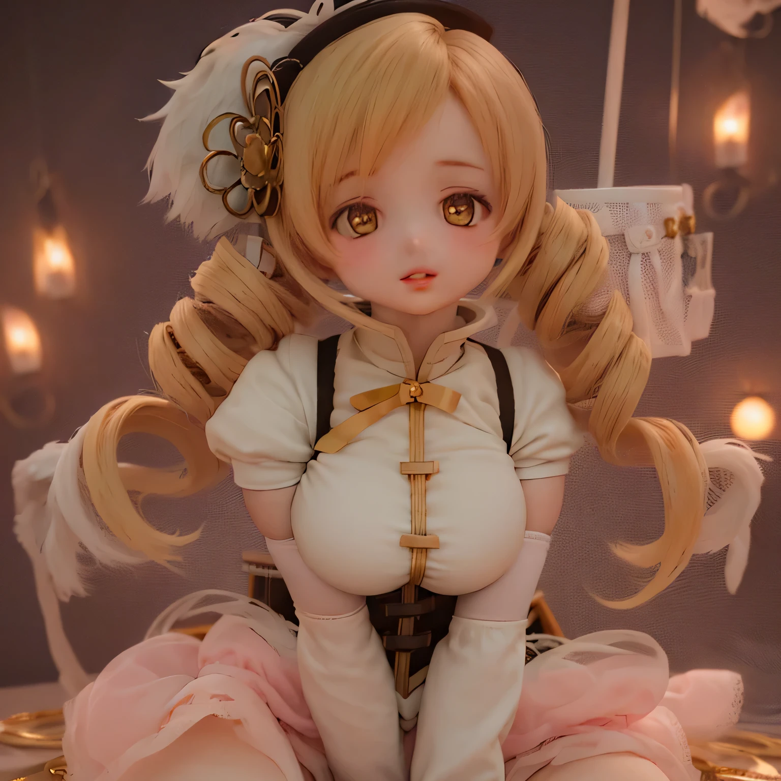 (highest quality,Very detailed,masterpiece:1.2),Expressive eyes,Perfect Face,Beautiful Mami Tomoe,Pink Long Hair,Golden Eyes, Pink Lips,Magical girl costume with attention to detail ,Anime Style,Bright colors, cute (((((Thick lips)))))Curvaceous and voluptuous body