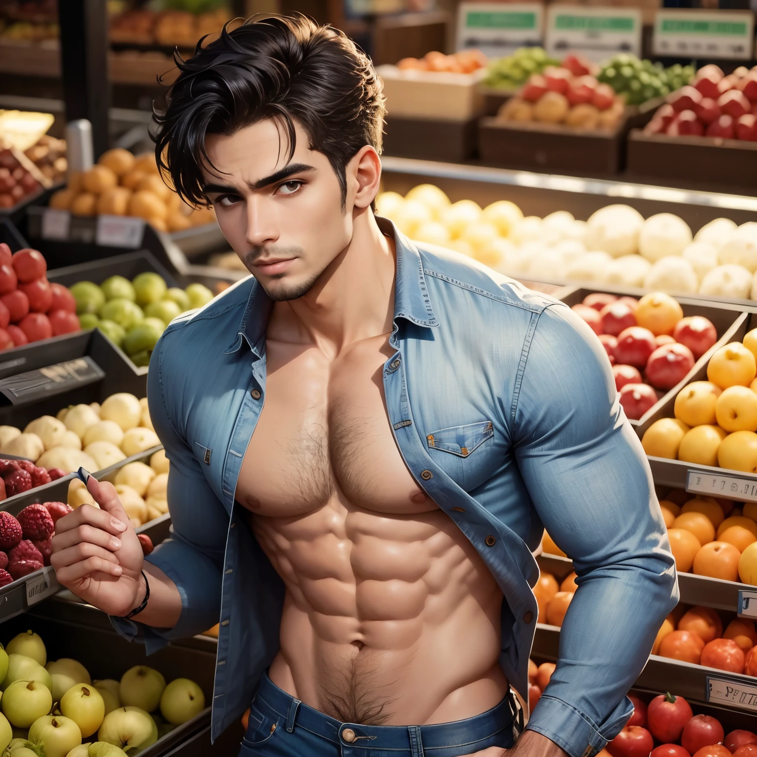 Homem brasileiro sexy sem camisa vestindo jeans com olhos azuis. Fundo mercado de frutas