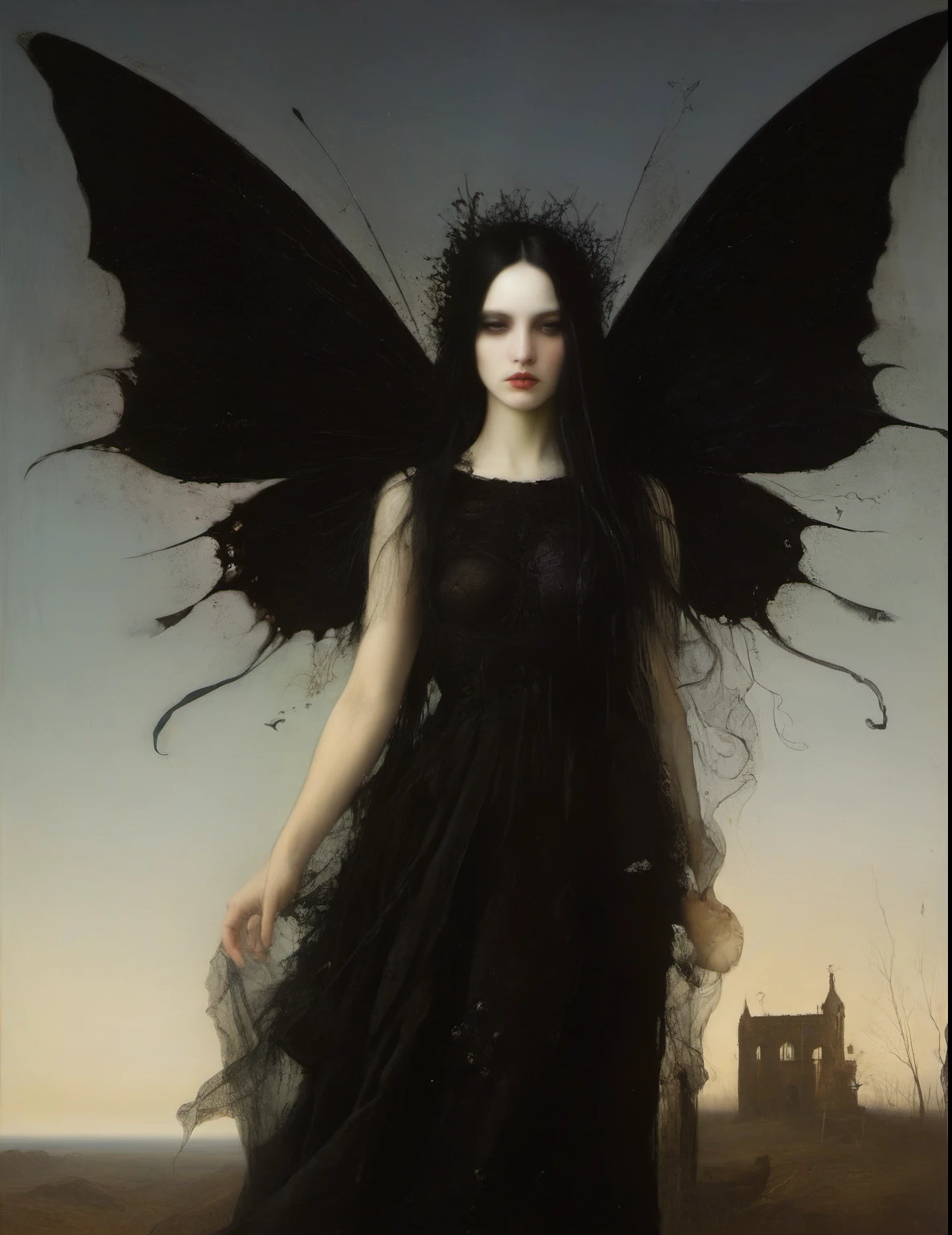 James Gurney, Surrealist art , dream-like, Mysterious, Provocative, symbolic, Complex, detailed,, (Gothic but very beautiful:1.4), (masterpiece, highest quality:1.4) , Nicola Samori Style, Fairy