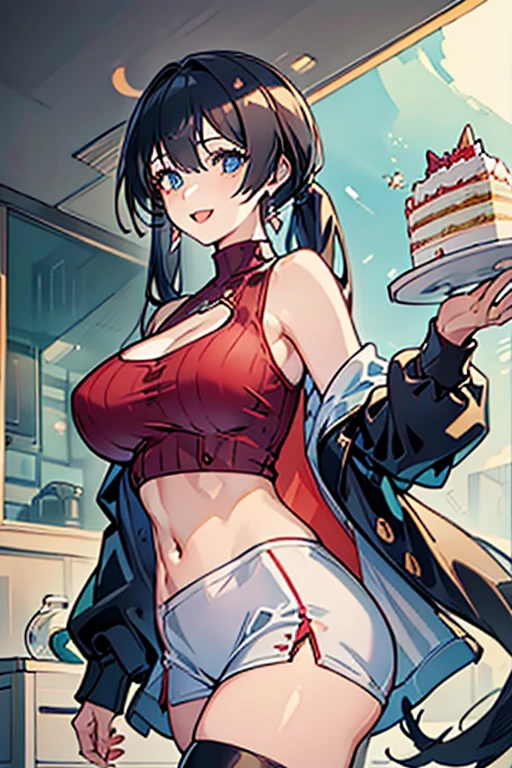 (dynamic angle:1.3, front view:1.1, breast focus:1.3, from below:1.2), (dynamic posing:1.5, sexy posing:1.2, leaning forward), (seductive smiling:1.3), ((looking at viewer, holding a cake)),highest quality、(real、photorealistic:1.4),(ultra high resolution, 8K RAW photo, clear focus), best qualtiy, natural lighting, field depth, (Bright pupils, detailed beautiful eyes, high detailed face), Red lip, (tight focus:1.2, from below), sexy posing, a girl 22yo old, teacher, wearing a , bootyshorts, Thicc, thin breast, long hair, blue eyes,off-shoulder dress, sweater dress, off-shoulder sweater, red sweater,garter stocking, cleavage:1.1, midriff, black shorts, black thighhighs, thigh strap, pretty girl, (highly detailed beautiful face and eyes,firm breasts),real skin,((black,hair,long pony tail hair)),thin pubic hair,cute,lovely, detailed eyes, This masterpiece is only visually stunning but also tells,(double breasted:1.2,under bust:1.2),(with sparkling eyes and a contagious smile),open mouth, Looking at Viewer, posed cleavage:1.2,pose muy sexy"
