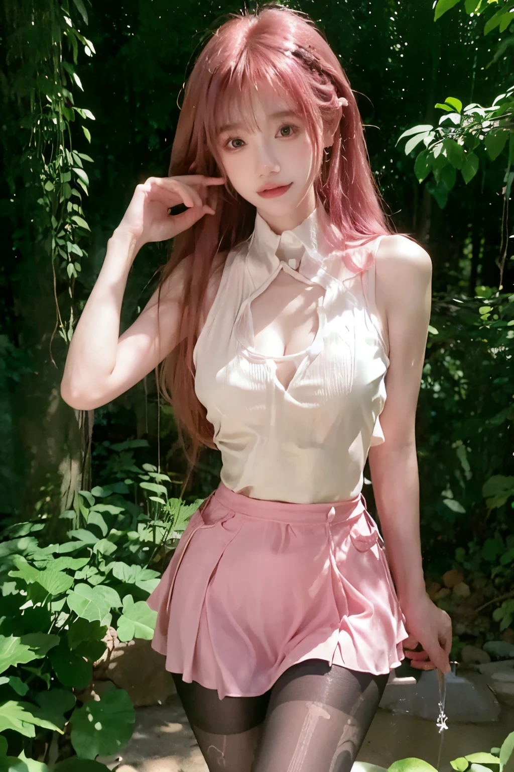 Beautiful woman with perfect body：1.4，Layered Hairstyle，Prominent cleavage，Highly detailed face and skin textures，Double eyelids，Skin Whitening，Long hair，Whitened long legs，Pink Hair，（Sleeveless vest，miniskirt，Black pantyhose）Standing on the grass