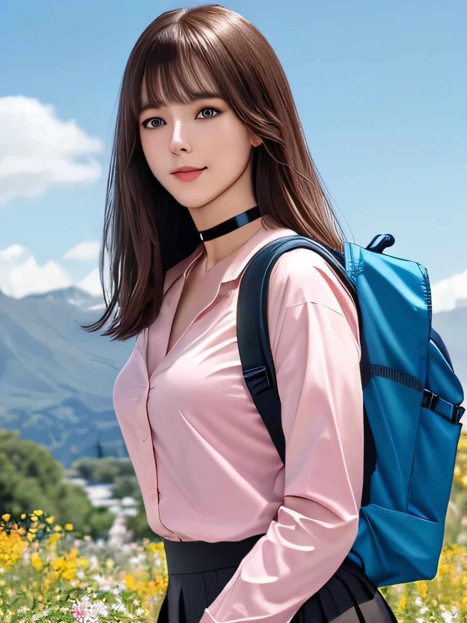masterpiece, Front view、Cowboy Shot、Cute Japan Woman, (輝くBrown Hair, Straight Long Hair), ((Ivory and pink shirt、Black tights、Backpack、Culottes skirt)), Very cute face, Glossy Lips, Double eyelids on both eyes, Natural Makeup, Brown Hair, Asymmetrical bangs, High resolution, Attention to detail, Detailed hairstyle, Detailed face, Octane Rendering, SF, Perfect limbs, ((Black choker)), blue eyes, (Big Breasts), ((Slim body:1.5)), Cool Beauty, ((Slim face)), smile, Mature Woman, Browsing Caution:-1.2, Long, Bushy Eyelashes, Cleavage, ((Mountain、blue sky)),