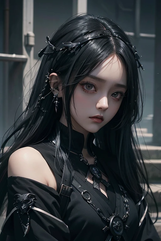 there is a woman with a bird on her shoulder, with long hair and piercing eyes, dark fantasy mixed with realism, 1 7 - year - old anime goth girl, cute face. dark fantasy, raven black hair, black hair and large eyes, by Yang J, artwork in the style of guweiz, dreamy gothic girl, with a crow on her shoulder