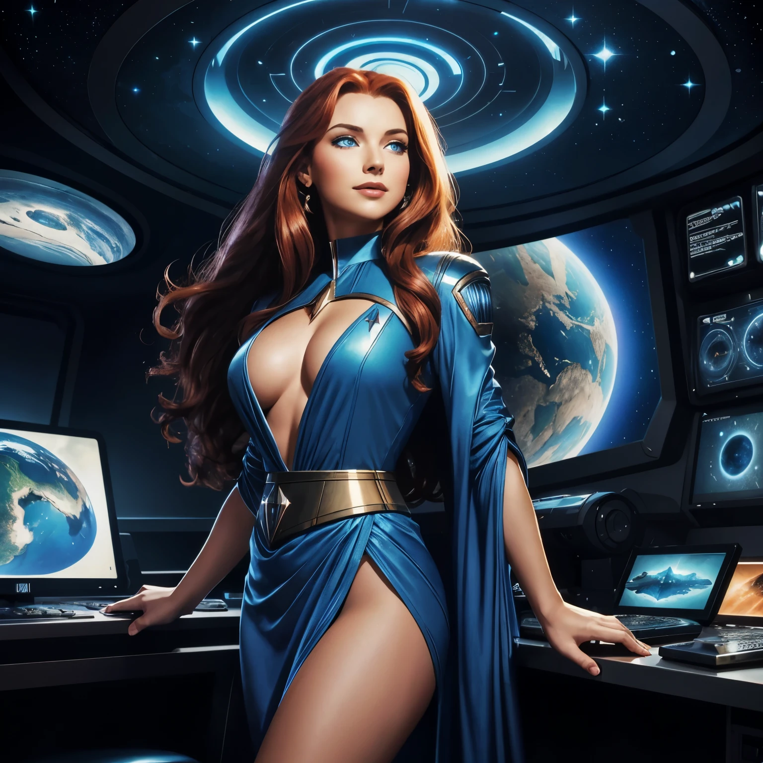 Masterpiece illustration, very detailed face, Arafed woman in a blue dress standing in front of a computer, luscious long red hair, radiant blue eyes, kissable lips, sweet smile, heavy dark eye makeup, friendly and inviting, fit bombshell body, star trek uniform, skirt, go-go boots, inside a starship with space and nebulas outside the window, working at advanced computer station, holographic tech displays, ambient light from displays, rim light, by Frank Frazetta, by Luis Royo, by boris vallejo,