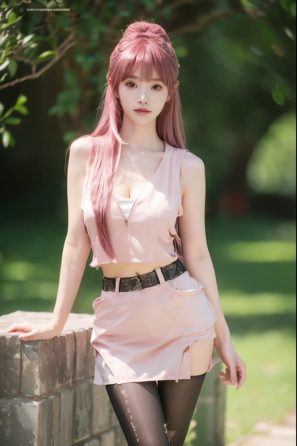 Beautiful woman with perfect body:1.4,Layered Hairstyle,Prominent cleavage,Highly detailed face and skin textures,Double eyelids,Skin Whitening,Long hair,Whitened long legs,Pink hair,(Tight-fitting sleeveless vest,miniskirt,Black pantyhose)Standing on the top of the mountain