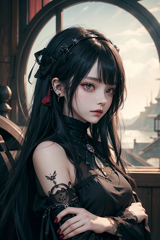 there is a woman with a bird on her shoulder, with long hair and piercing eyes, dark fantasy mixed with realism, 1 7 - year - old anime goth girl, cute face. dark fantasy, raven black hair, black hair and large eyes, by Yang J, artwork in the style of guweiz, dreamy gothic girl, with a crow on her shoulder