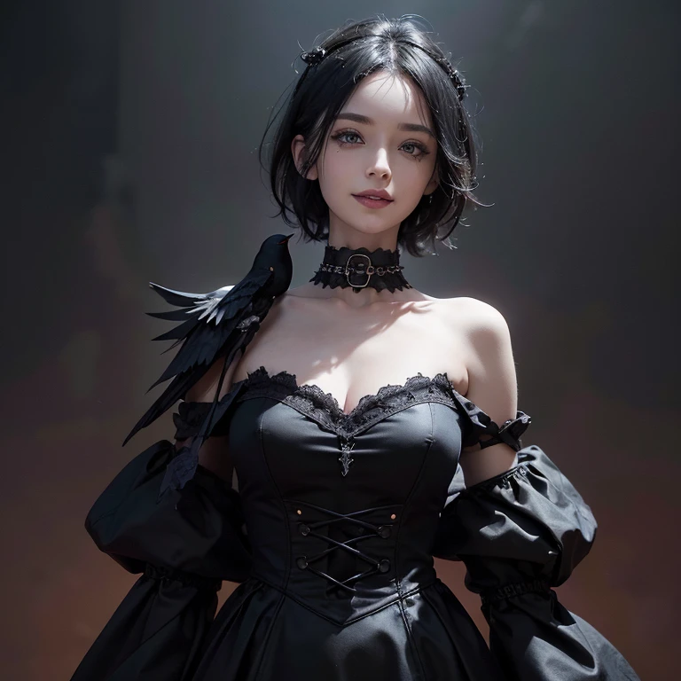 Dark fantasy,windy weather, real raven、 ((highest quality、masterpiece、8k、best image quality、ultra high resolution、Award-winning work)、(accurate anatomy:1.1)、(look at me and smile:1.1)、Shining fair skin with ultra high resolution、most detailed face、ultra high resolution detailed face、grey short hair flowing 、Beautiful face drawn in every detail、(blurred background:1.1)、 red and black gothic punk fashion, modest breast , real crow on the shoulder