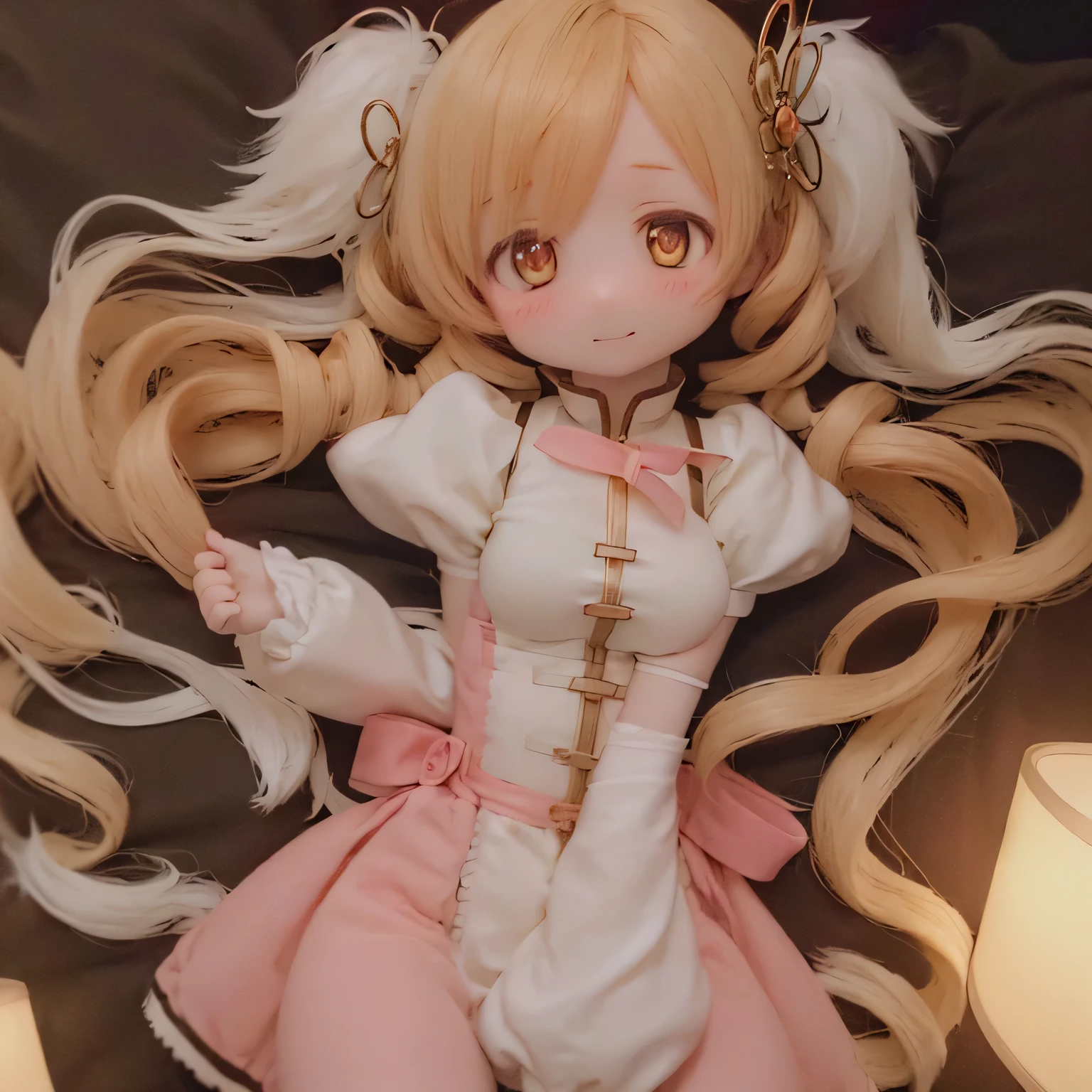 (highest quality,ultra-detailed,masterpiece:1.2),Expressive eyes,Perfect Face,Beautiful Madoka Kaname,Pink Long Hair,Golden Eyes,Pink Lips,detailed,Anime Style,Vibrant colors,cute,Curvaceous and full,Blushing,Wearing a nightgown,Lying in bed Blonde