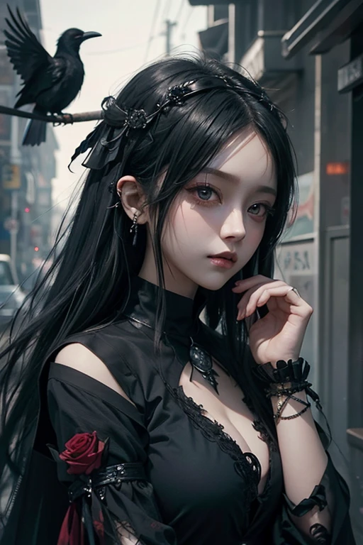 there is a woman with a bird on her shoulder, with long hair and piercing eyes, dark fantasy mixed with realism, 1 7 - **** - *** anime goth girl, cute face. dark fantasy, raven black hair, black hair and large eyes, by Yang J, artwork in the style of guweiz, dreamy gothic girl, with a real crow on her arm, red rose, red gorgeous accessories 