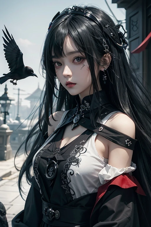 there is a woman with a bird on her shoulder, with long hair and piercing eyes, dark fantasy mixed with realism, 1 7 - year - old anime goth girl, cute face. dark fantasy, raven black hair, black hair and large eyes, by Yang J, artwork in the style of guweiz, dreamy gothic girl, with a real crow on her arm, red rose, red gorgeous accessories
