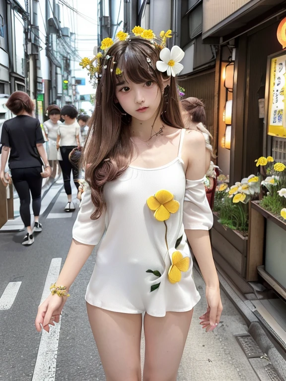 (((Hands on the side of the body)))、(-yeld gi、(White tank top、Micro hort sleeve)、Are standing、(((((Flower Hair Ornaments、Tokyo city street、Bare legs、Thighs、