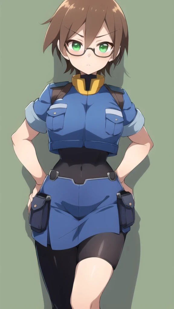 Aile_megamanzx, 1 girl, looking at viewer, Brown hair, green eyes ,classroom background , Glasses, Police Clothes 