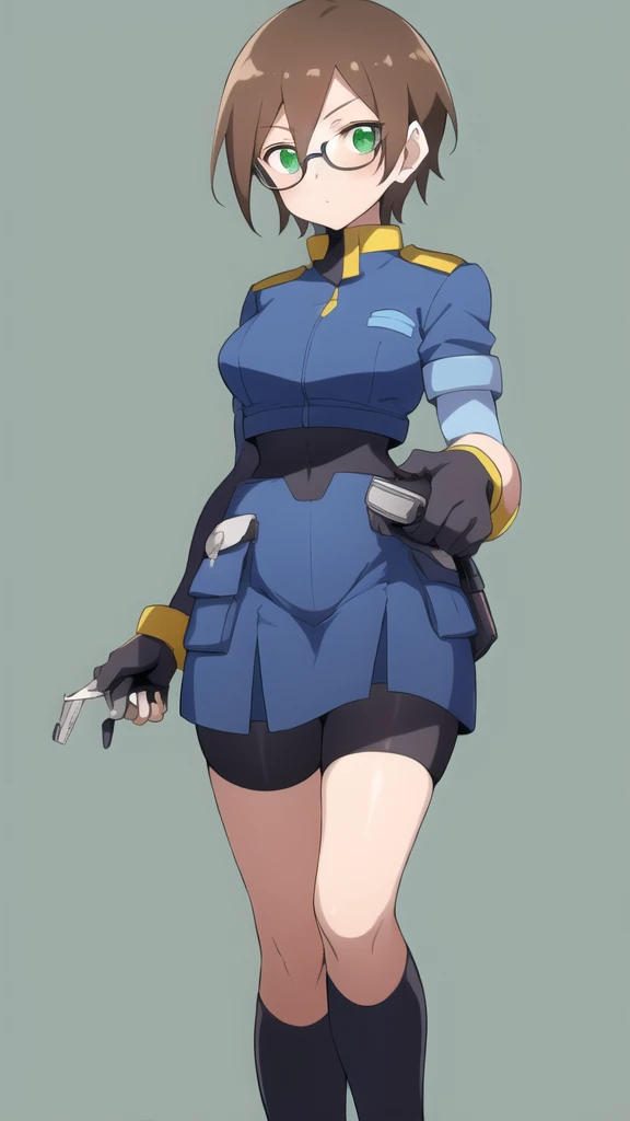 Aile_megamanzx, 1 girl, looking at viewer, Brown hair, green eyes ,classroom background , Glasses, Police Clothes 