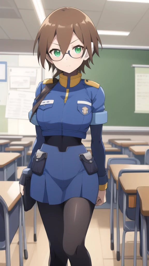 Aile_megamanzx, 1 girl, looking at viewer, Brown hair, green eyes ,classroom background , Glasses, Police Clothes