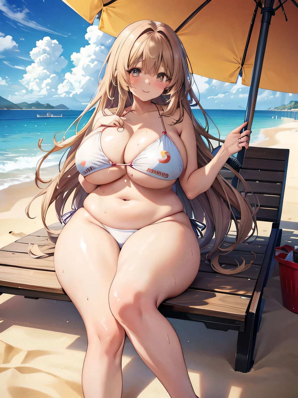 Anime illustration、highest quality、Voluptuous gravure idol、Perfect proportions、bikini、Beach parasol、Deck chair、Sandy Beach、smile、Big Breasts、Thick legs、Sweaty