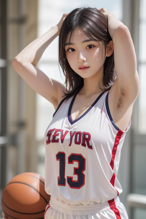 (One Girl), Very cute face, Great face and eyes, (Highly detailed eyes, Highly detailed face), Fresh, Very beautiful appearance, (Ultra-realistic, High resolution), (highest quality:1.4), RAW Photos, (Realistic, Realistic:1.37), Professional photography , (She is wearing a pale pink basketball uniform that becomes transparent when wet, and the basketball uniform is wet:1.2) , (Cleavage:1.2), (Exposing shoulders), (Laugh a little), (look at me) , Portrait of a Girl , (gigantic breasts) , Exposing shoulders , , (Erect nipples) , (Her basketball uniform is clinging tightly to her body and her nipples are visible through the basketball uniform:1.2) , (Put your hands behind your head and show your armpits1.2) , (breasts is sweating:1.2) , (show armpits hair) , (armpits hair:1.2)