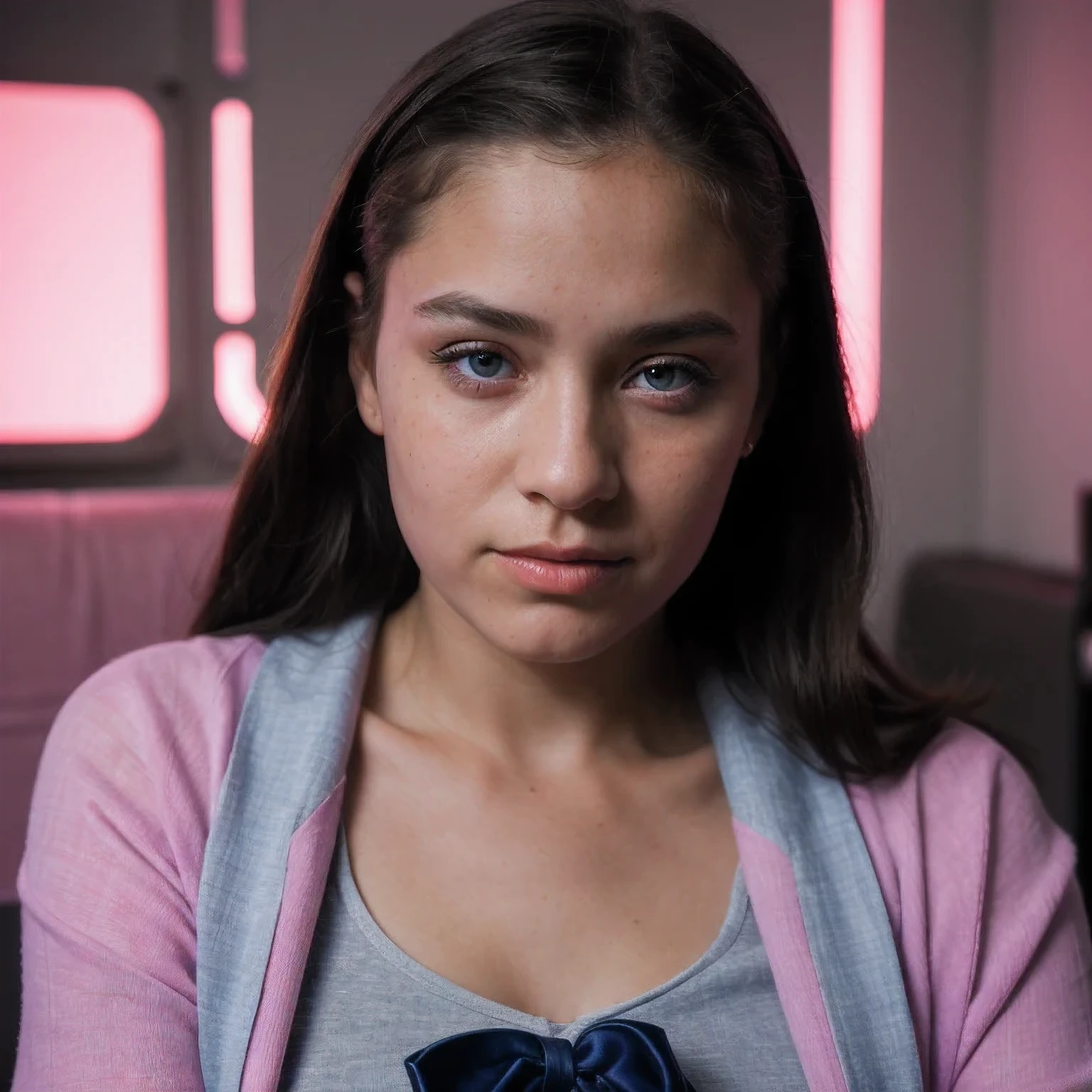 photo of a schoolgirl，9 years old, in Purple Pink, futuristic cotton and linen, (freckles:0.8) cute face, sci-fi, dystopian, detailed eyes, cobalt blue eyes（（Side view））Disco bar