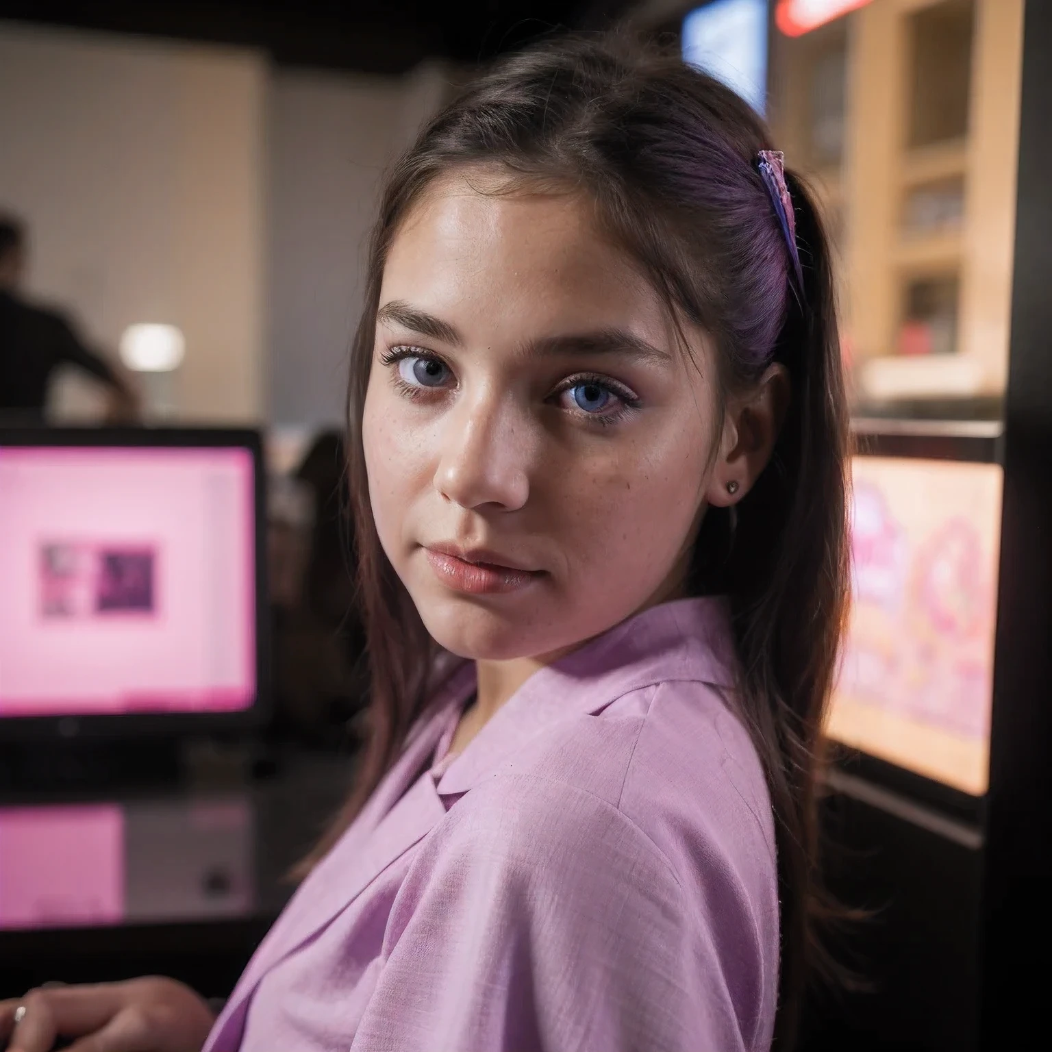 photo of a schoolgirl，9 years old, in Purple Pink, futuristic cotton and linen, (freckles:0.8) cute face, sci-fi, dystopian, detailed eyes, cobalt blue eyes（（Side view））Disco bar