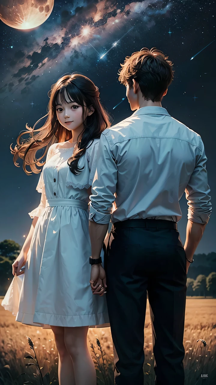 a girl and a guy are happy, standing tall, standing in a field, the night, the stars, the moon in the sky