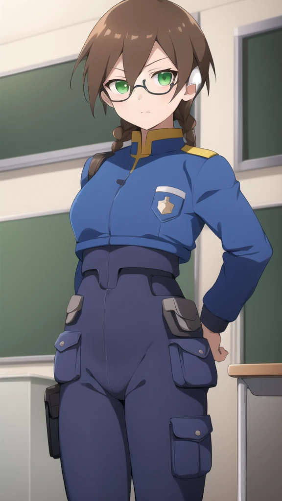 Aile_megamanzx, 1 girl, looking at viewer, Brown hair, green eyes ,classroom background , Glasses, Police Clothes 