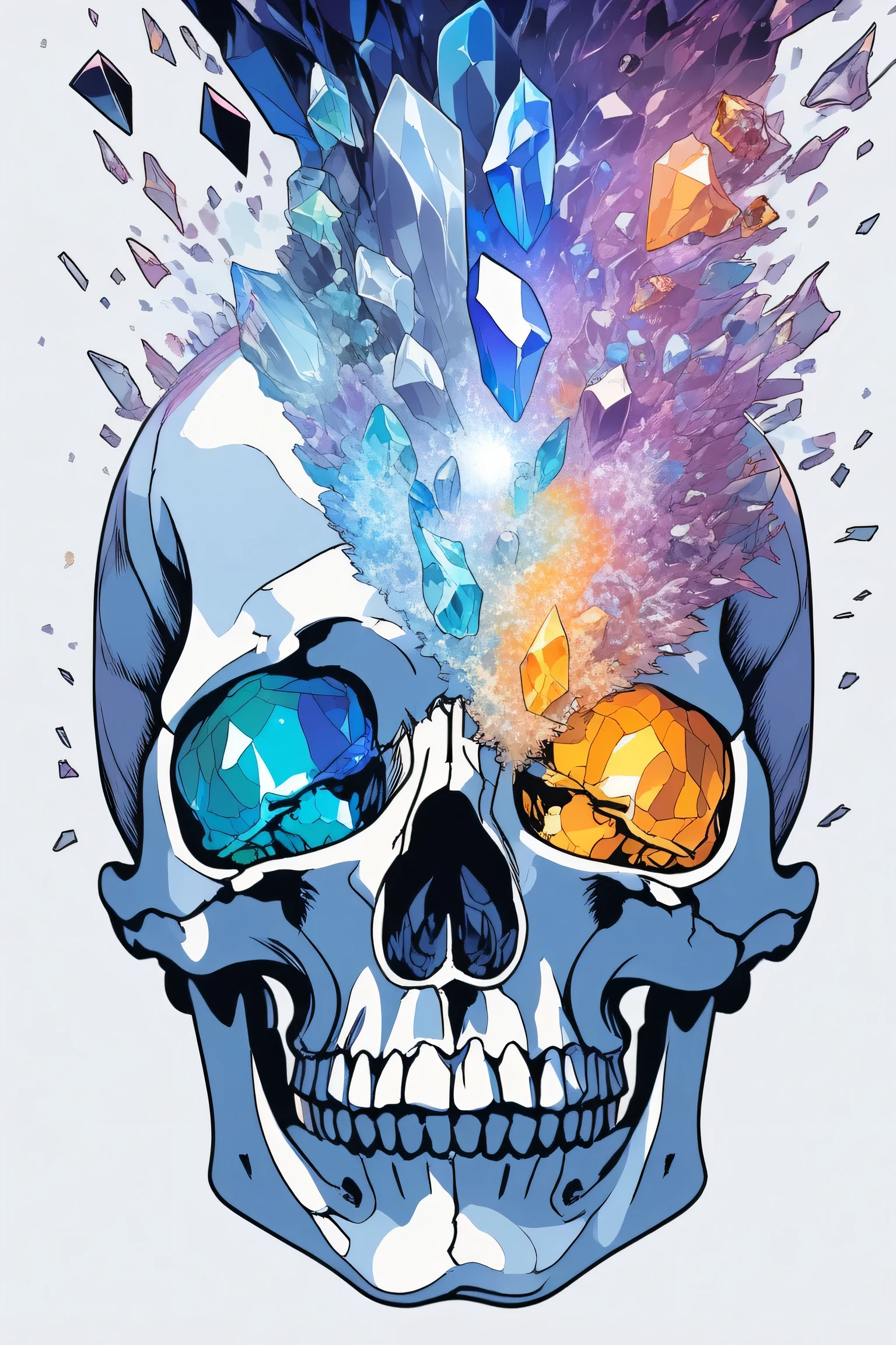 A realistic crystal falls on a human skull and causes it to explode into pieces of glass of all colors ,pixel , Pixelated Skull