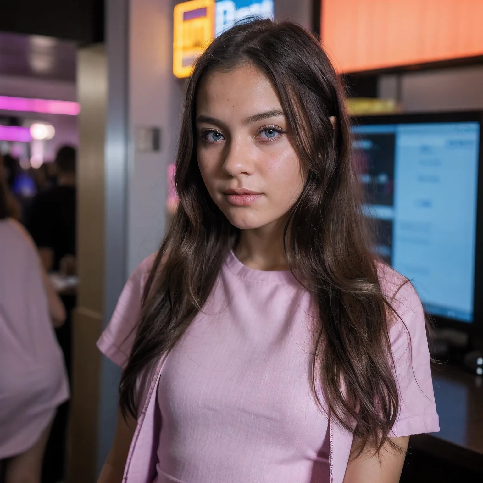 photo of a schoolgirl,9 years old, in Purple Pink, futuristic cotton and linen, (freckles:0.8) cute face, sci-fi, dystopian, detailed eyes, cobalt blue eyes((Side view))Disco bar