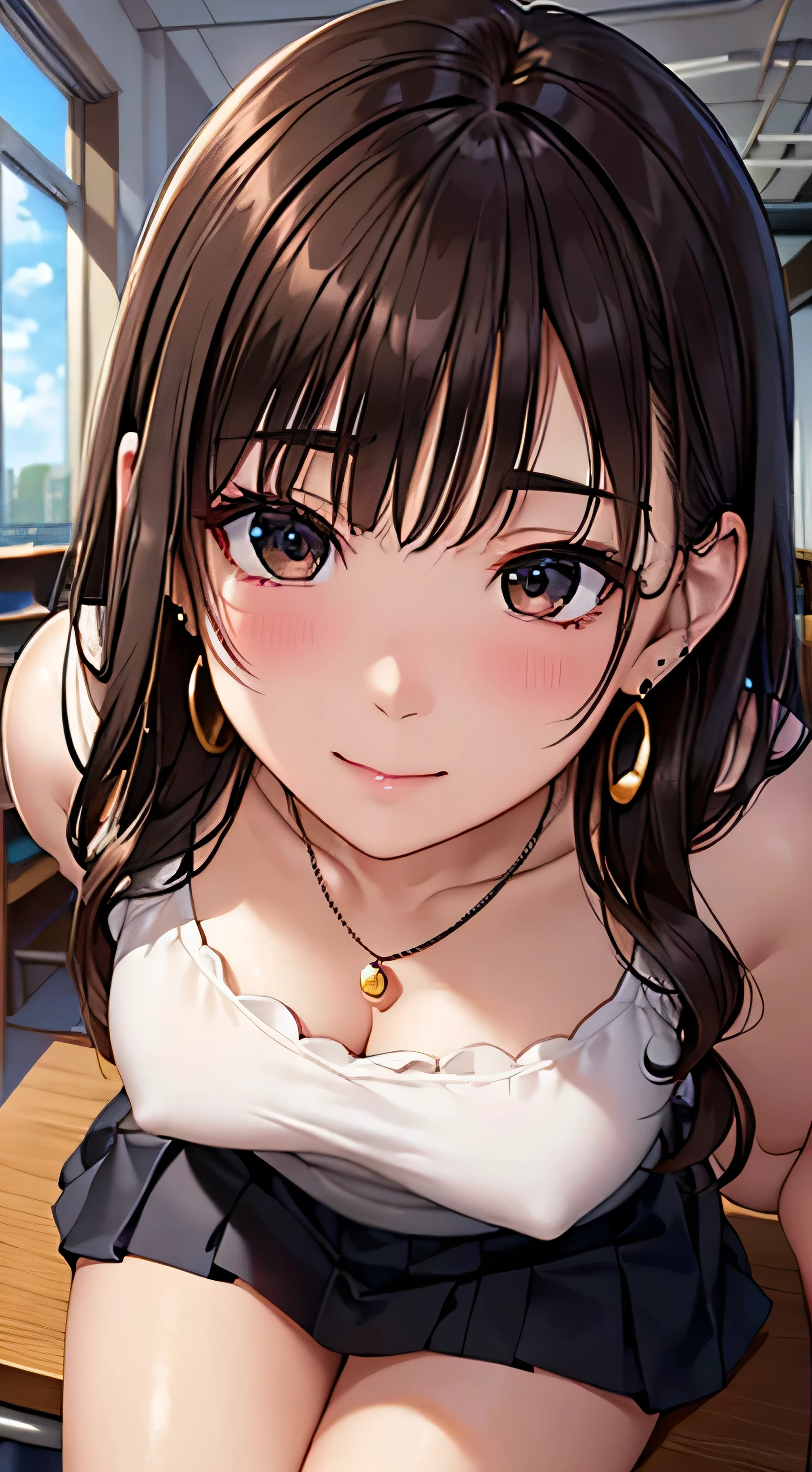 (Tabletop, highest quality, High resolution, , Perfect Pixel, 4K,), 1 girl, single, alone, Beautiful woman、I could see the whole body、 ((Wavy mid-length hair, bangs, Brown Hair)), ((Brown eyes, Beautiful eyelashes, Realistic eyes)), ((Detailed face, blush:1.2)), ((Smooth texture:0.75, Realistic texture:0.65, Realistic:1.1, Anime CG Style)), Medium Chest, Dynamic Angle, Perfect body, female teacher、((, White cut and sew、Long pleated skirt、Black Stockings、Cute Necklace、Earrings、)), look up、A shy smile、Put your hands behind your back、、)、Angle from below、classroom、Sit on a chair、、