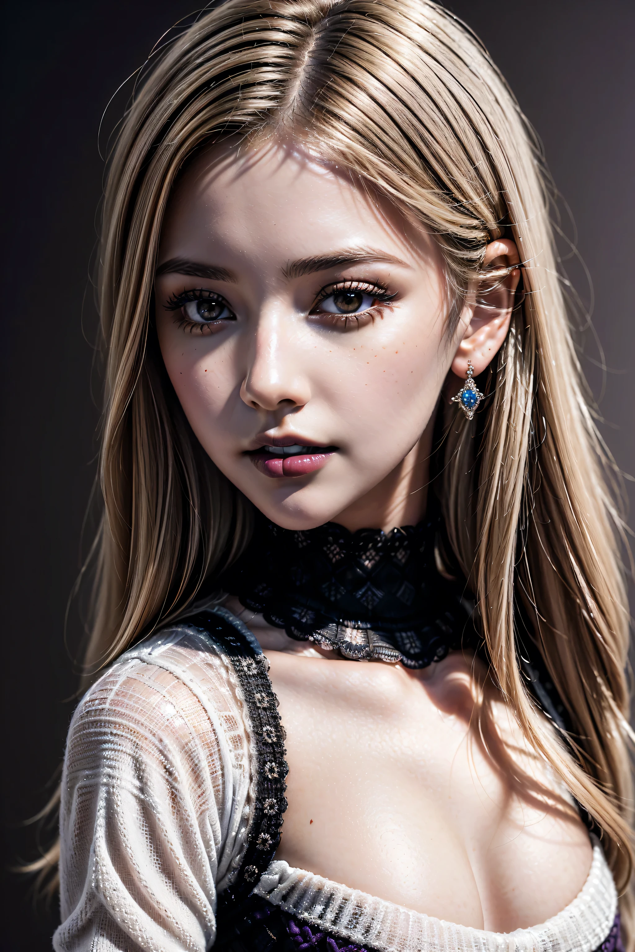 Best quality, masterpiece, ultra high res, (photorealistic:1.4), ((horror)), raw photo, 1vampire girl, long blonde hair, detailed eyes and face, (weaing black vampire costume, holding 1 bloody eccentric sword with both hands), spot lighting, in the dark, deep shadow, low key, cowboy shot full-lenght body, ((open eyes:0.4)), clouds with lightning, wind,