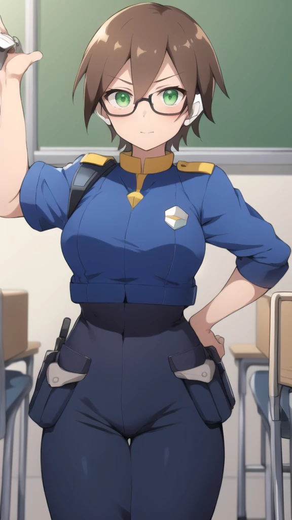 Aile_megamanzx, 1 girl, looking at viewer, Brown hair, green eyes ,classroom background , Glasses, Police Clothes 