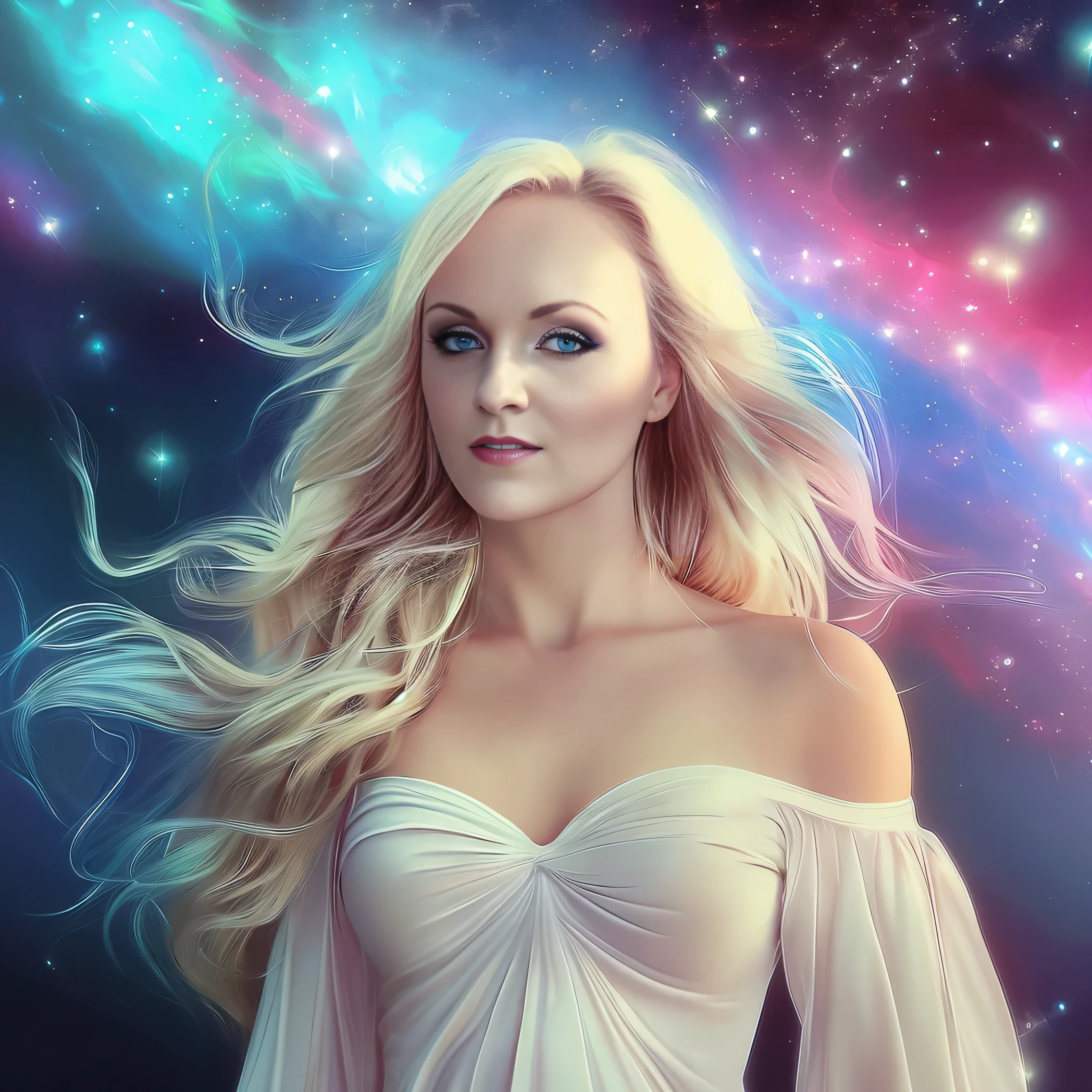 blond woman with blue eyes in a white dress, a colorful nebula in the background