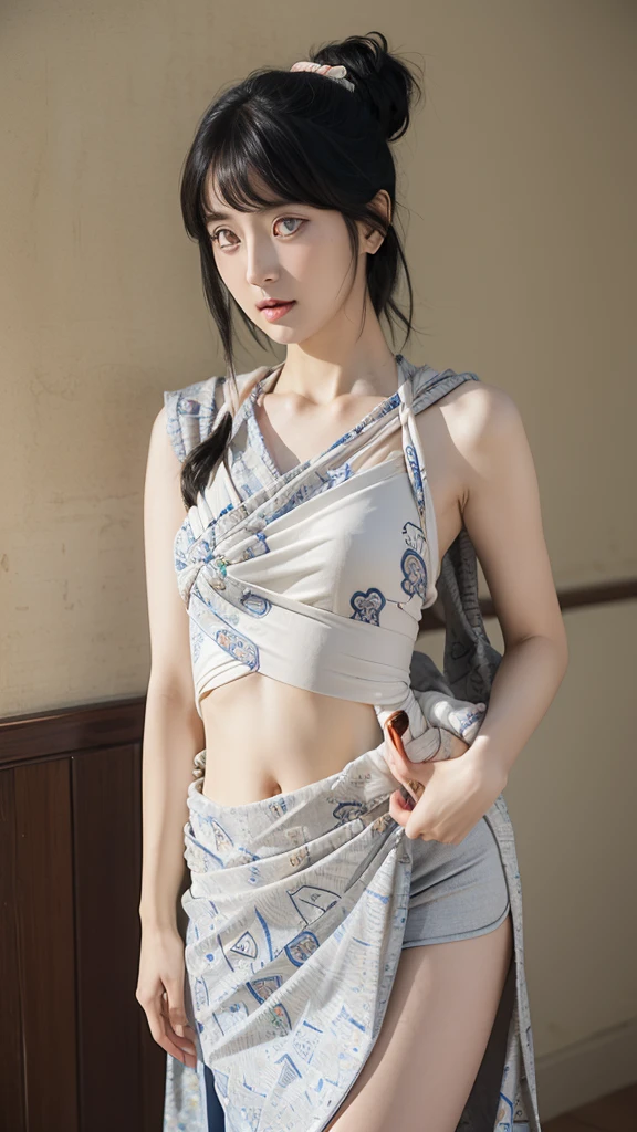 Half-length photo, face close-up, face shot, a beautiful woman, messy hair, girly, Symmetrical bun, hair accessories, jewelry, delicate face, (sling: 1.5), (High slit lower skirt 1.7), (many patterns: 1.5), crop navel, open belly, Dunhuang style, many ribbons, delicate skin, soft light effect, delicate and Smooth hair, Exquisite details, Eye highlights, White skin, Delicate depiction, extreme details, quality, thin, thin and long, shattered, hair details, thin bangs, Shawl hair, right body, shadow, air bangs, 8k, Super fine, fine fabric texture, soft, Smooth, Smooth texture, ((Dunhuang style)) )))), Exquisite pattern, correct hand painting,