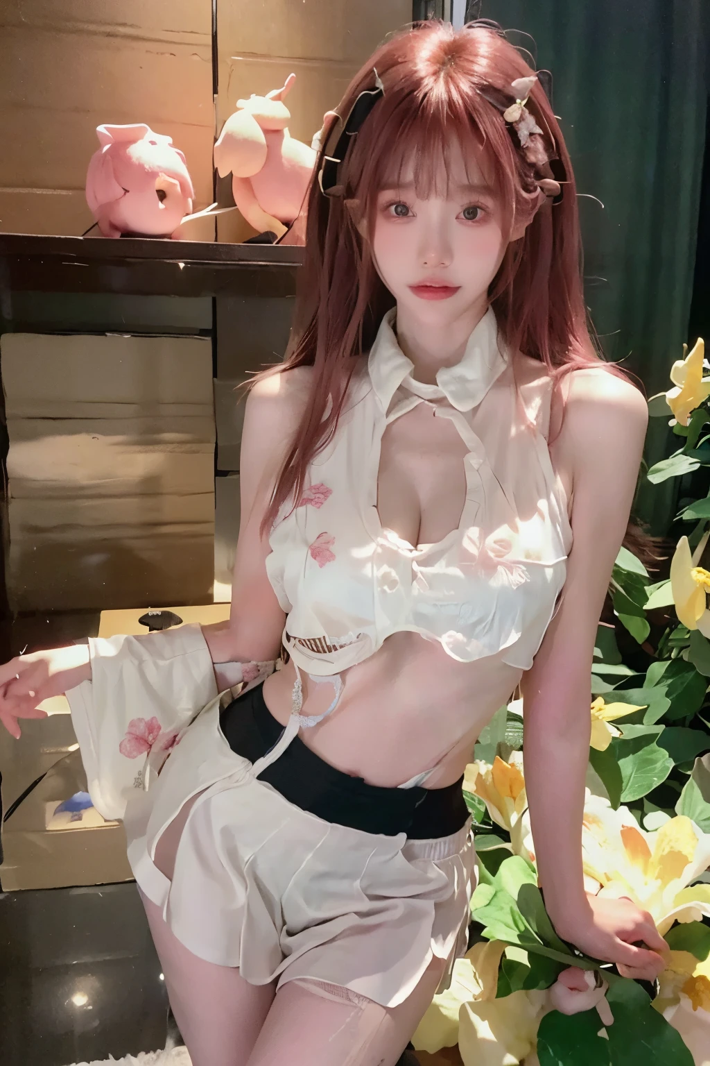 (masterpiece, realistic, high resolution), ((1 girl): 1.2), Korean, ((white wavy hair): 1.3), (heterochromic eyes: 1.1, thick eyebrowedium breasts: 1.2, small waist, thighs), catwalk walk, masterpiece: 1.2, best quality), realism, (real pictures, rich detail details, depth of field), (1 girl, solo), makeup, high detail, perfect face shape, (: 1.4), (skin dents), thick thighs, wide hips, thin waist, high, coral, red lips, red eyes, ponytail, (sweat: 1.2), (wet), sexy, blush, (shy expression),  Vests, suspenders, belly pockets, stockings, fishnet socks,