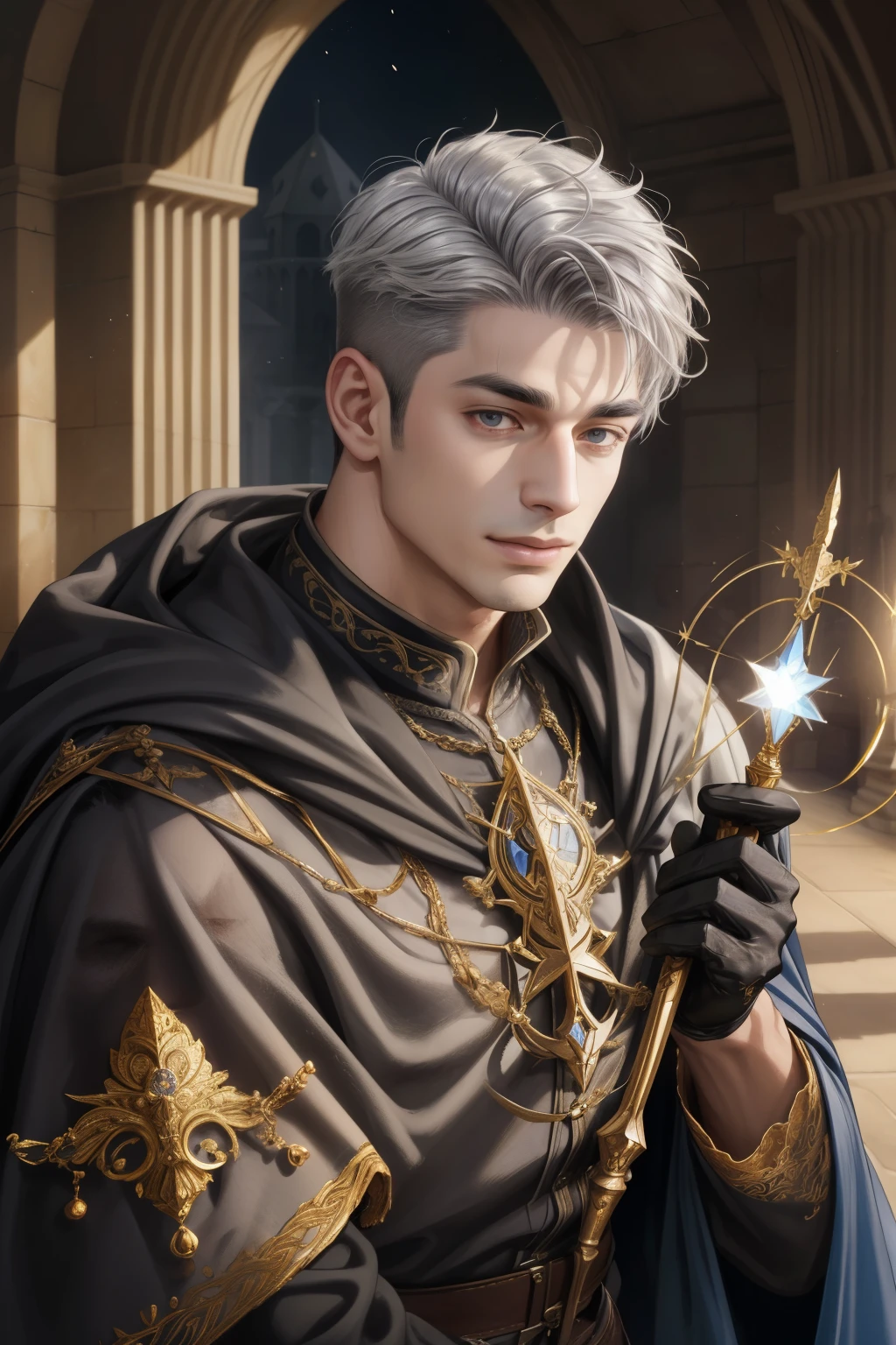 (Absurdres, Intricate Details, Masterpiece, Best Quality, High Resolution, 8k), 1 male, masculine, young, aged up, dreadful, finely detailed eyes and face, gray short back and sides hair, black eyes,  portrait,  looking at viewer, solo, (full body:0.6), detailed background, (RootsBranchesAI theme:1.1) glowing eyes, gentle smile,   high fantasy, cleric, casting healing spell,  hovering in air, sunshine,  color cape, gloves, magic wand, , mana, bright realistic lighting, marble castle in background, peaceful atmosphere,  tiara of light hovering above head, , Depth of Field, VFX.