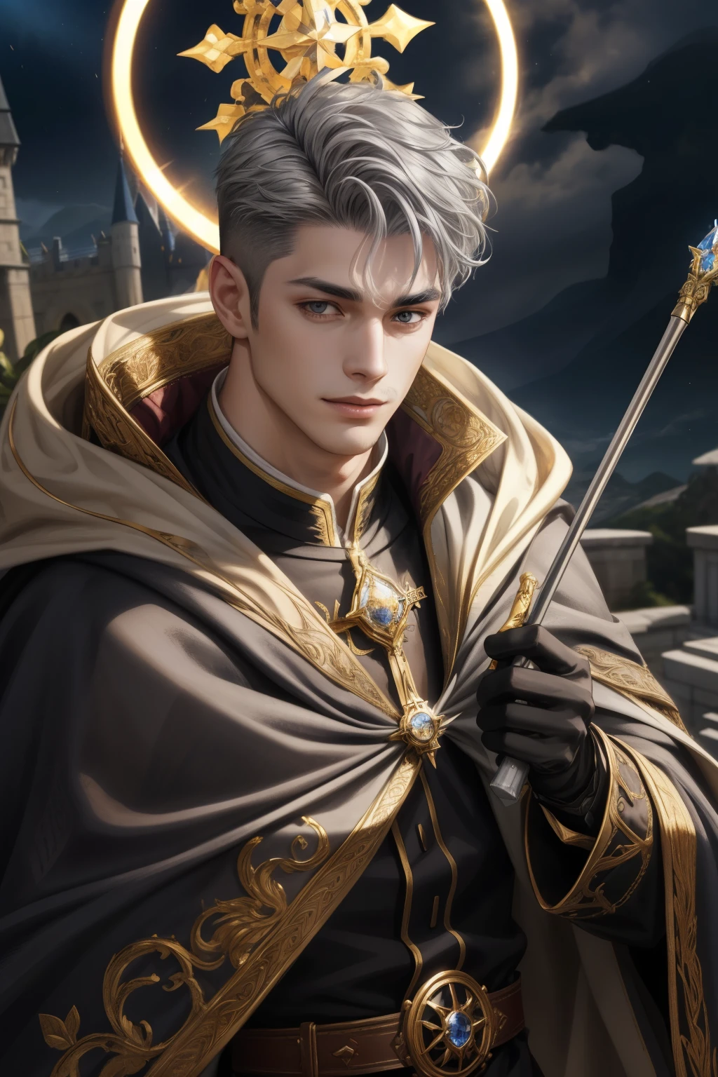 (Absurdres, Intricate Details, Masterpiece, Best Quality, High Resolution, 8k), 1 male, masculine, young, aged up, dreadful, finely detailed eyes and face, gray short back and sides hair, black eyes, portrait, looking at viewer, solo, (full body:0.6), detailed background, (RootsBranchesAI theme:1.1) glowing eyes, gentle smile, high fantasy, cleric, casting healing spell, hovering in air, sunshine, color cape, gloves, magic wand, , mana, bright realistic lighting, marble castle in background, peaceful atmosphere, tiara of light hovering above head, , Depth of Field, VFX.