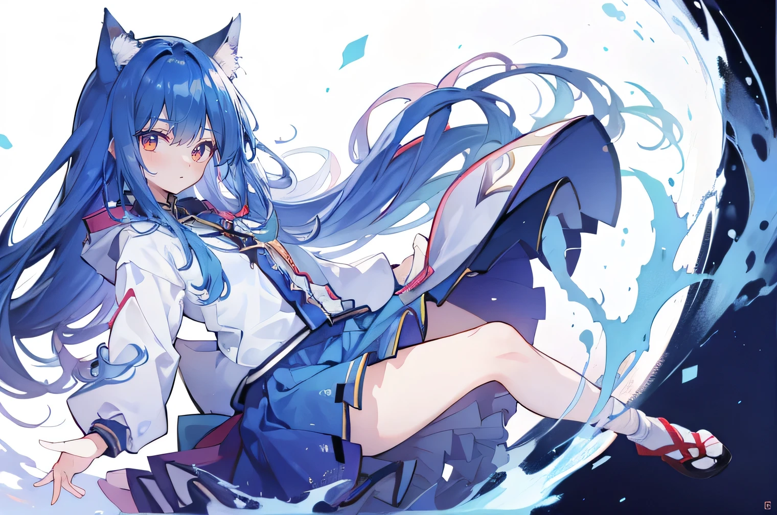 (masterpiece:1.2),Super detailed,lifelike,Expressive eyes,fair skin,perfect face shape,1 girl,
Japanese comics,Gorgeous blue hair,flowing blue hair,flowing clothes,Cat ears,Petals fall,beautiful lola,Baby Angel,
Shaking head with one hand,Cross your legs,Gentle and peaceful background,The pavilion is cool and comfortable,smile, wearing hoodie, background of tokyo,back views,snowing, winter.
