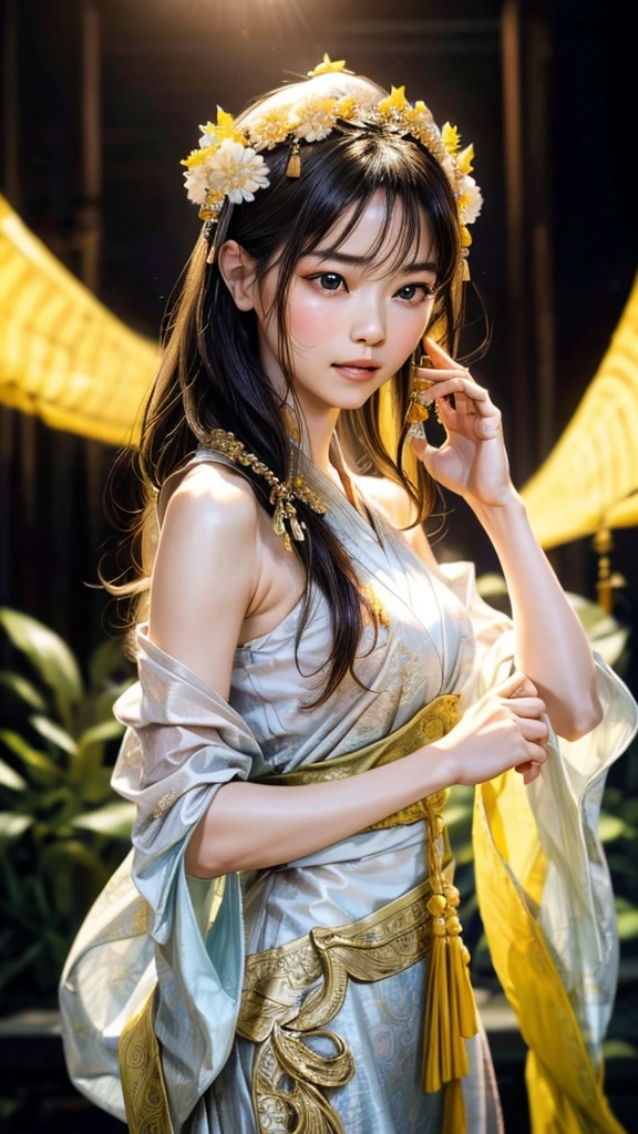 (best quality,4k,8k,highres,masterpiece:1.2),ultra-detailed,(realistic,photorealistic,photo-realistic:1.37),charming girl,dressed in a Chinese Hanfu,performing a seductive dance in a breathtaking natural setting,gorgeous flowing movements,inspired by traditional dance elements,strong and graceful,bright and vibrant color palette,evoking joy and happiness,enchanting atmosphere,intense and passionate expressions,ethereal and dream-like lighting,delicate and intricate embroidery on the Hanfu,exquisite patterns and textures,ethnically-inspired accessories,lovely floral headpiece,meticulously detailed facial features,expressive and alluring eyes,soft and luscious lips,flowing long hair enhanced with ethereal highlights,airy and lightweight fabric of the Hanfu,draping elegantly around the girl's body,dynamic poses and gestures,enchanting music playing in the background to complement the dance,harmonious blending of traditional and modern elements,celebrating the beauty of the Chinese culture and the power of dance,creating a captivating and mesmerizing visual spectacle.