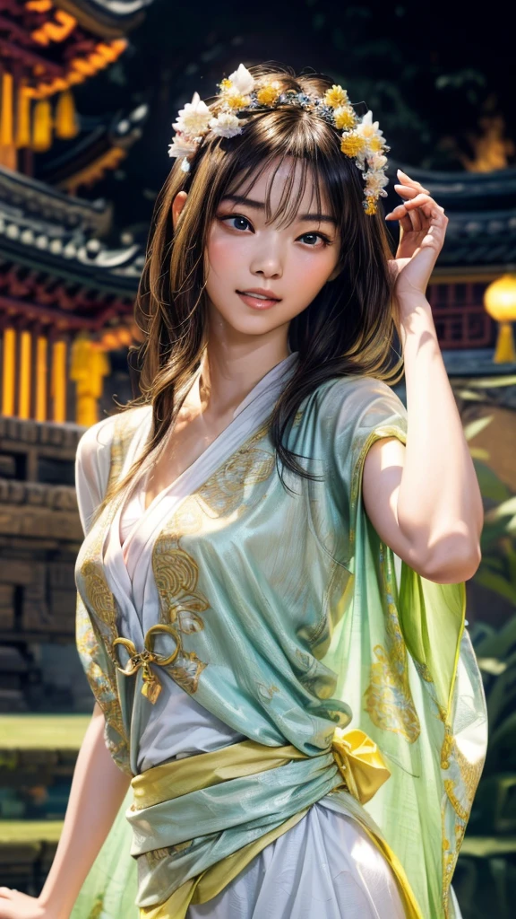 (best quality,4k,8k,highres,masterpiece:1.2),ultra-detailed,(realistic,photorealistic,photo-realistic:1.37),charming girl,dressed in a Chinese Hanfu,performing a seductive dance in a breathtaking natural setting,gorgeous flowing movements,inspired by traditional dance elements,strong and graceful,bright and vibrant color palette,evoking joy and happiness,enchanting atmosphere,intense and passionate expressions,ethereal and dream-like lighting,delicate and intricate embroidery on the Hanfu,exquisite patterns and textures,ethnically-inspired accessories,lovely floral headpiece,meticulously detailed facial features,expressive and alluring eyes,soft and luscious lips,flowing long hair enhanced with ethereal highlights,airy and lightweight fabric of the Hanfu,draping elegantly around the girl's body,dynamic poses and gestures,enchanting music playing in the background to complement the dance,harmonious blending of traditional and modern elements,celebrating the beauty of the Chinese culture and the power of dance,creating a captivating and mesmerizing visual spectacle.