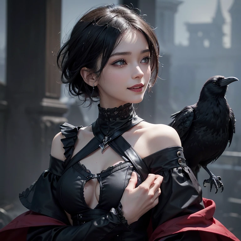 Dark fantasy,windy weather, real raven、 ((highest quality、masterpiece、8k、best image quality、ultra high resolution、Award-winning work)、(accurate anatomy:1.1)、(look at me and smile:1.1)、Shining fair skin with ultra high resolution、most detailed face、ultra high resolution detailed face、grey short hair flowing 、Beautiful face drawn in every detail、(blurred background:1.1)、 red and black gothic punk fashion, modest breast , real crow on the shoulder