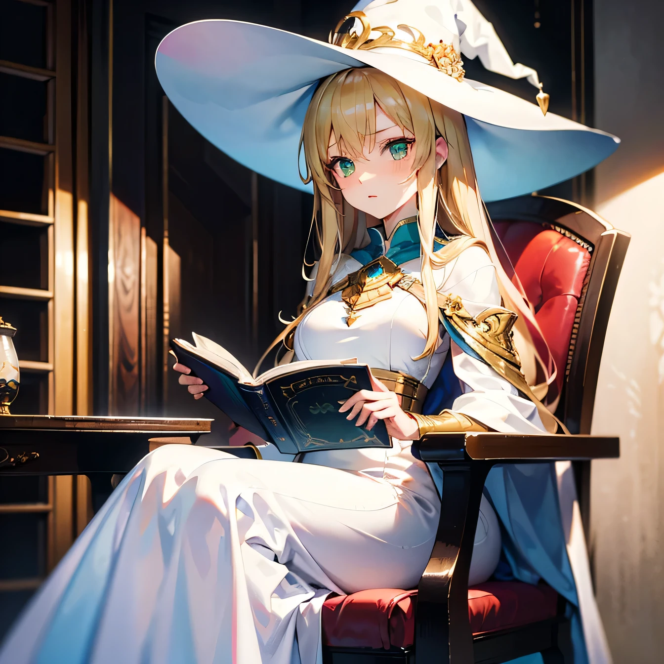 Anime Moe Art Style,highest quality,High resolution,Anatomically correct,One Woman,Twenty years old,Blonde,Super long hair,Straight Hair,Green Eyes,Super detailed,Fantasy Style,witch,White hat with gold trim,White cloak with gold trim,A long dress with a green base,Medium sized breasts,Serious expression,archive,is sitting in a chair and reading a thick book,His eyes are on the book,Beautiful posture,8K