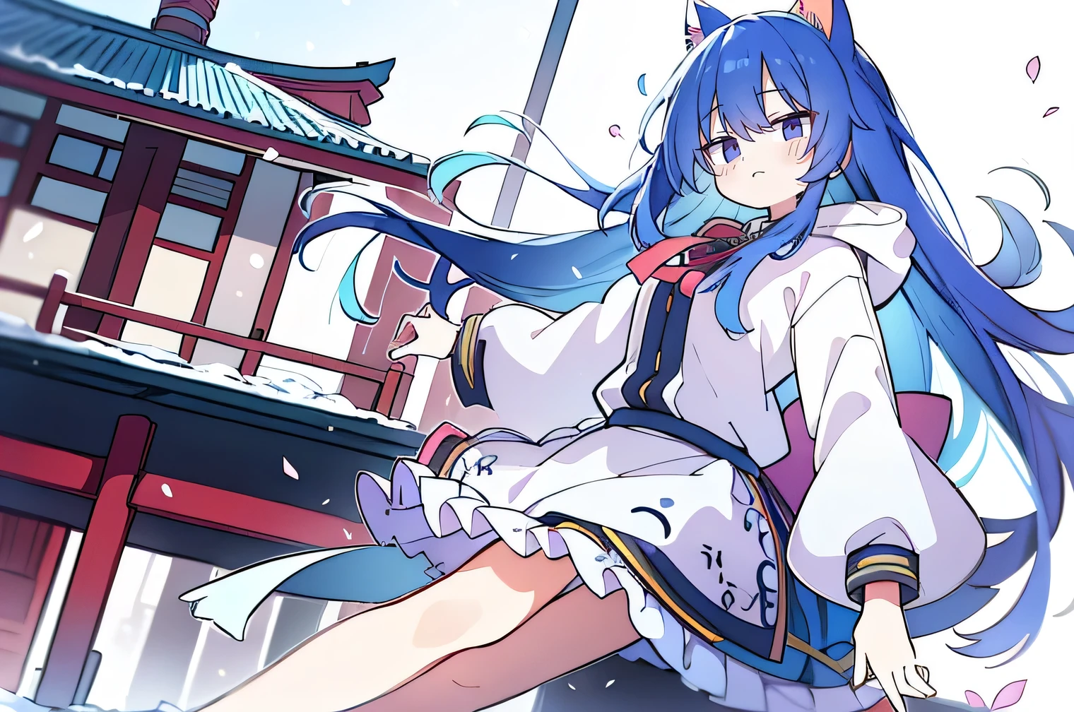 (masterpiece:1.2),Super detailed,lifelike,Expressive eyes,fair skin,perfect face shape,1 girl,
Japanese comics,Gorgeous blue hair,flowing blue hair,flowing clothes,Cat ears,Petals fall,beautiful lola,Baby Angel,
Shaking head with one hand,Cross your legs,Gentle and peaceful background,The pavilion is cool and comfortable,smile, wearing hoodie, background of tokyo,back views,snowing, winter.
