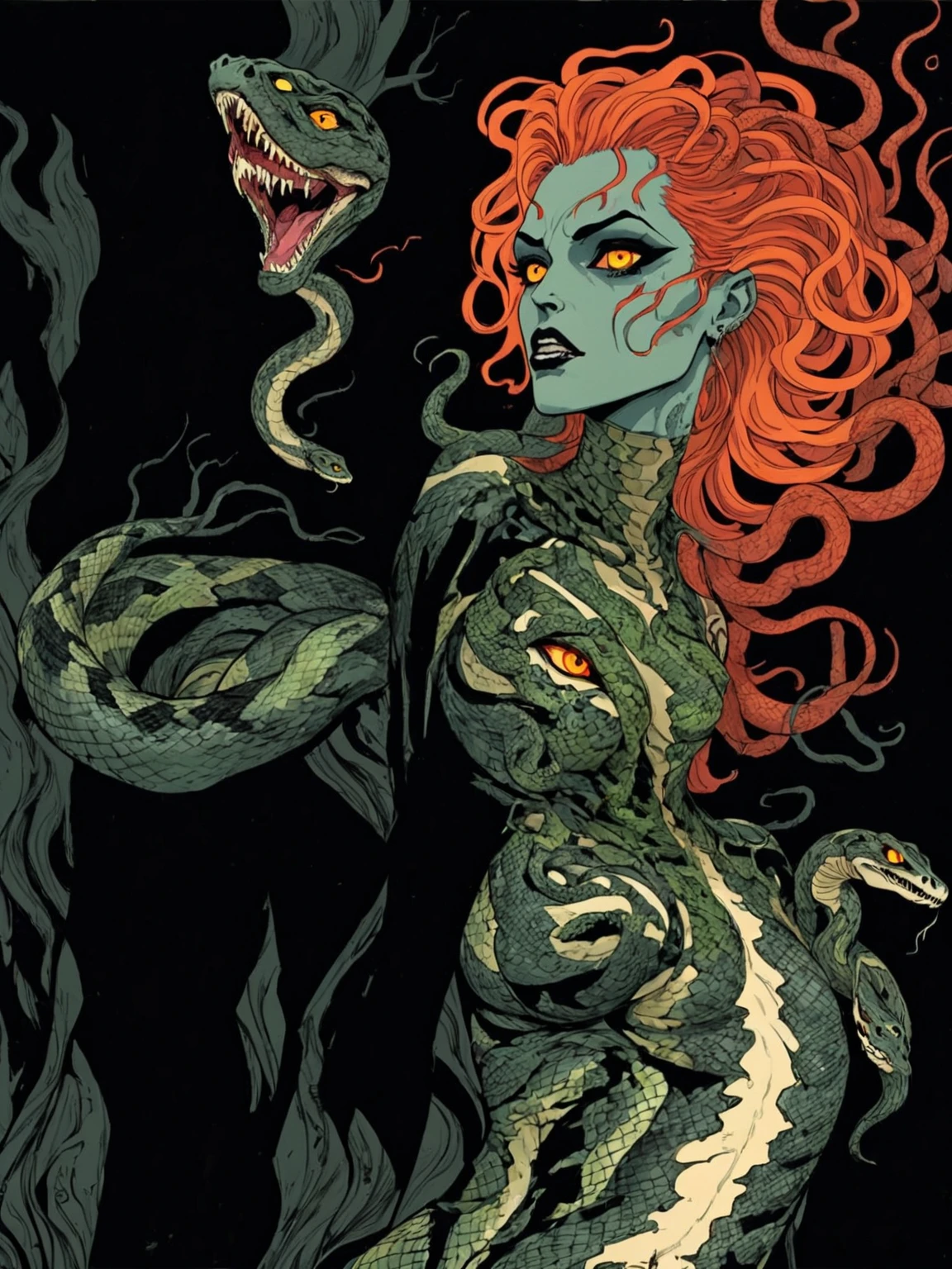 Medusa, colors, bleak muted deep fiery radiant glowing ROYGBIV, splash page decompressed comic cover art, ink style figure, ((expressive Joelle Jones and "Sean Gordon Murphy" comic drawing)), wordless, cinematic poster, double exposure, optical illusion, image within image, abyss void black no visibility darkness, full length portrait, (background, pine barrens, entropy, rewilding, magic hour sunset, galaxy stars, cosmos), (horror, abstract, surreal, body, cosmic), candid, snake skin dress, morphology anatomy drawn Frederic Delavier musculature anatomical illustration, (face, ornate black-metal corpsepaint face paint, resembles Grace Jones), (body, Naga, snakefolk, lower body snake tail, snake woman hybrid, bald, hairless, skeleton, snake skin tattoos, piercing eyes, snake pupils, over the shoulder), (colors, bleak muted deep fiery radiant glowing ROYGBIV, forest green, earth brown), craftsmanship nuance, (Gerardo Zaffino charcoal), subliminal orchids, nyctophobia, silhouette
