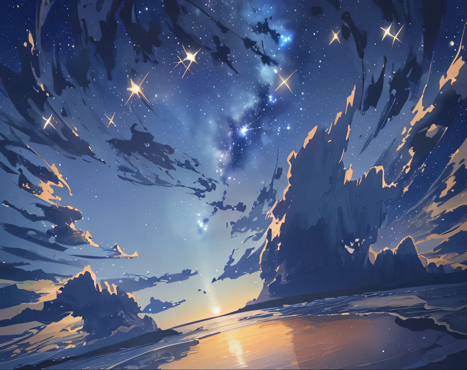 A starry night sky and the Milky Way。The sea surface sparkles with the reflection of the setting sun,drop shadow,super detail, anatomically correct, masterpiece, UHD, ccurate, best quality, highres,stereogram