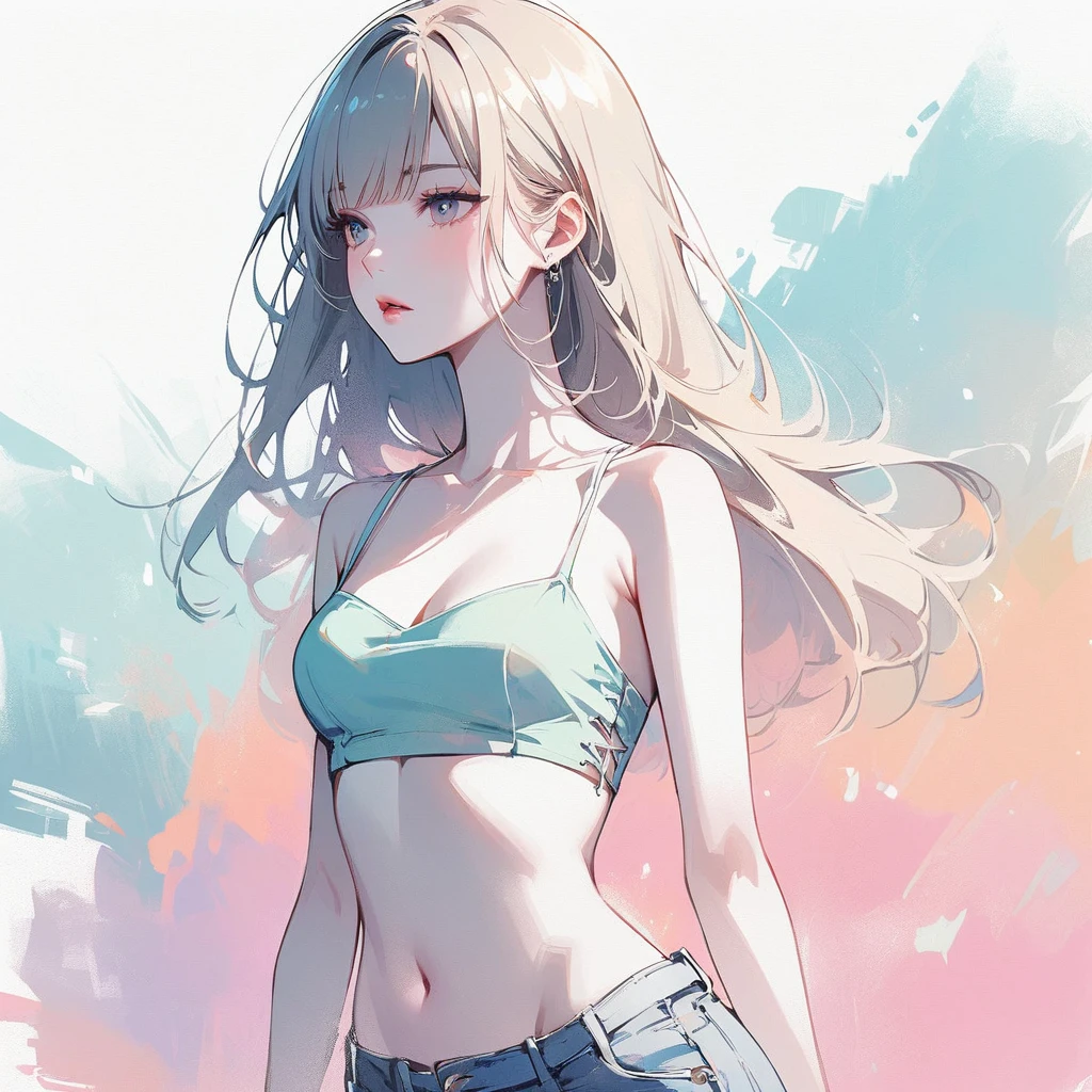 Girl, slim, pale skin, light hazel eyes, blonde hair, straight bangs, beautiful, thick bangs, pastel colors, wind, tiny crop top, flat, sexy, tiny waist, revealing skin, delicate, ethereal
